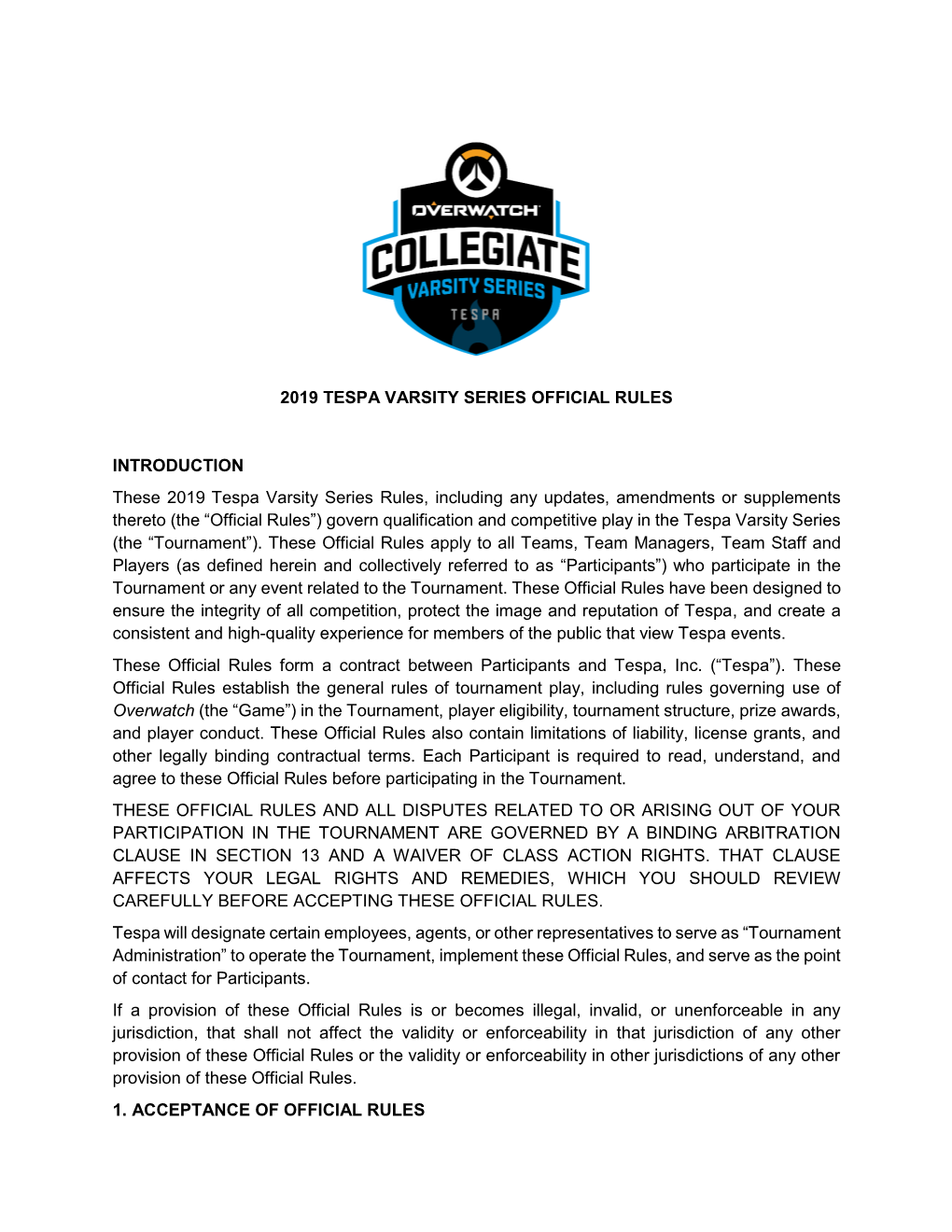 2019 Tespa Varsity Series Official Rules Introduction
