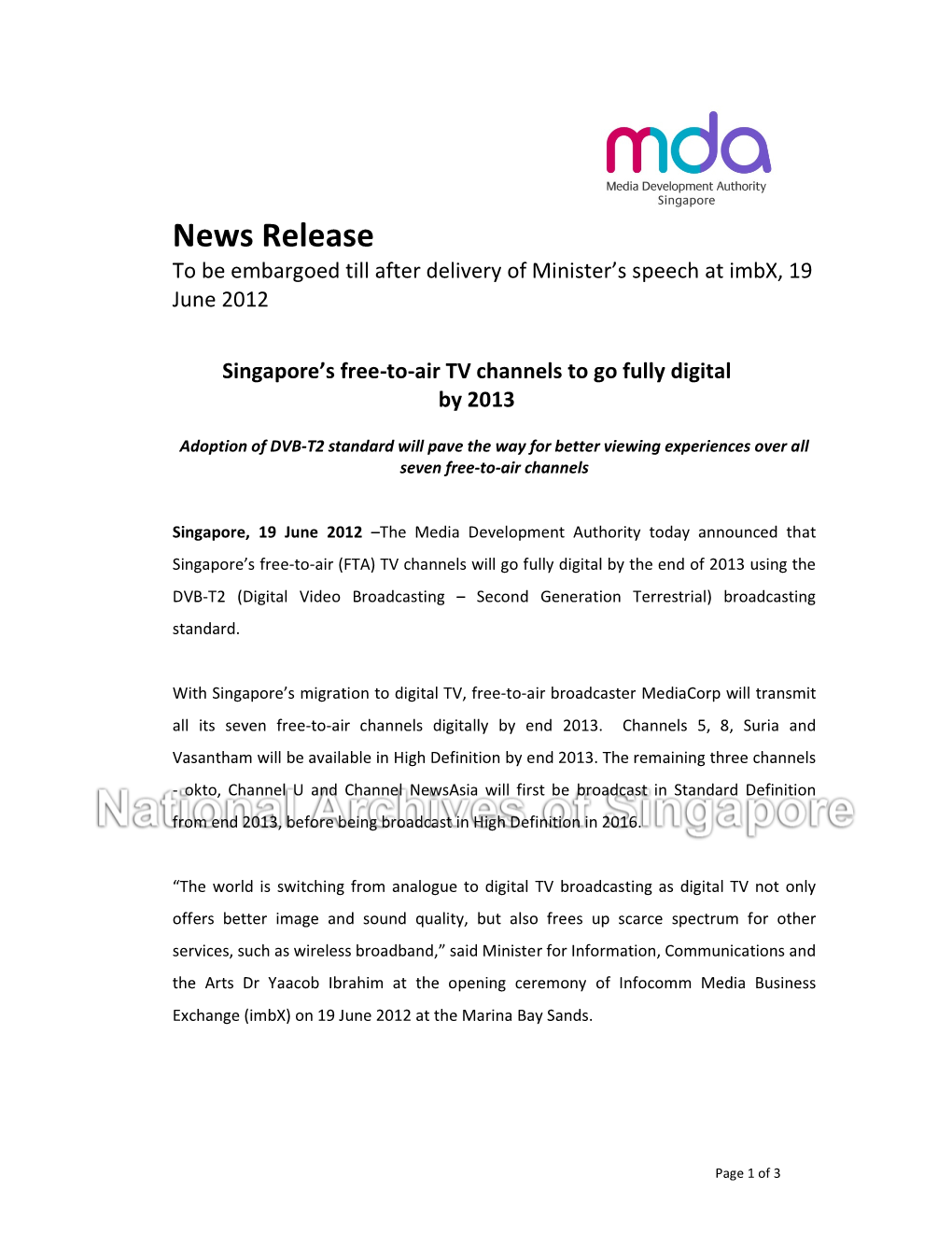 News Release to Be Embargoed Till After Delivery of Minister’S Speech at Imbx, 19 June 2012
