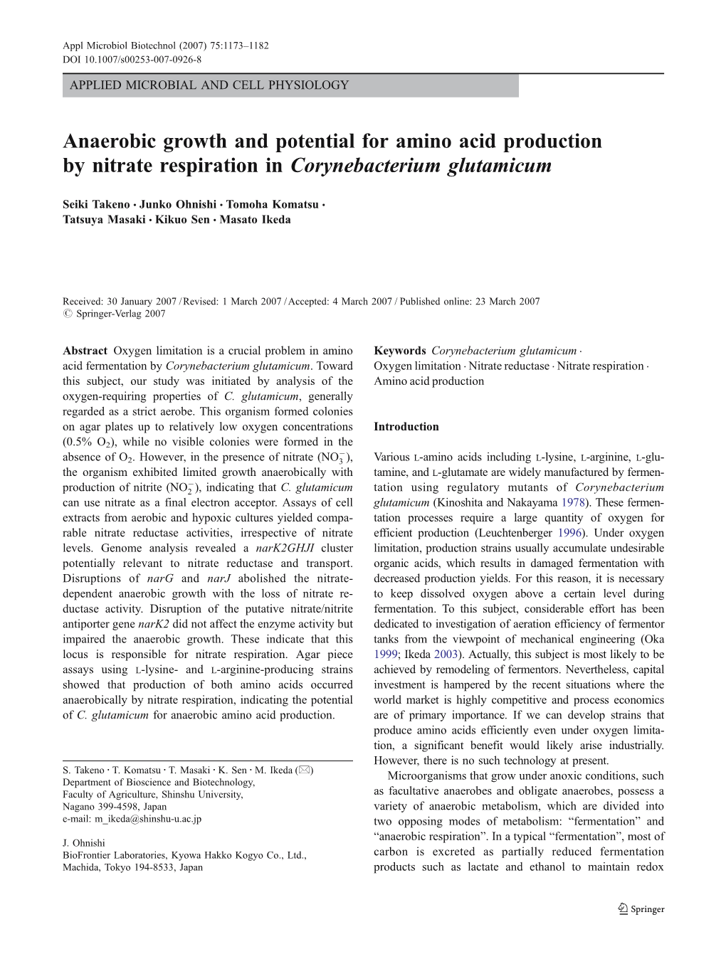 Anaerobic Growth and Potential for Amino Acid Production by Nitrate Respiration in Corynebacterium Glutamicum