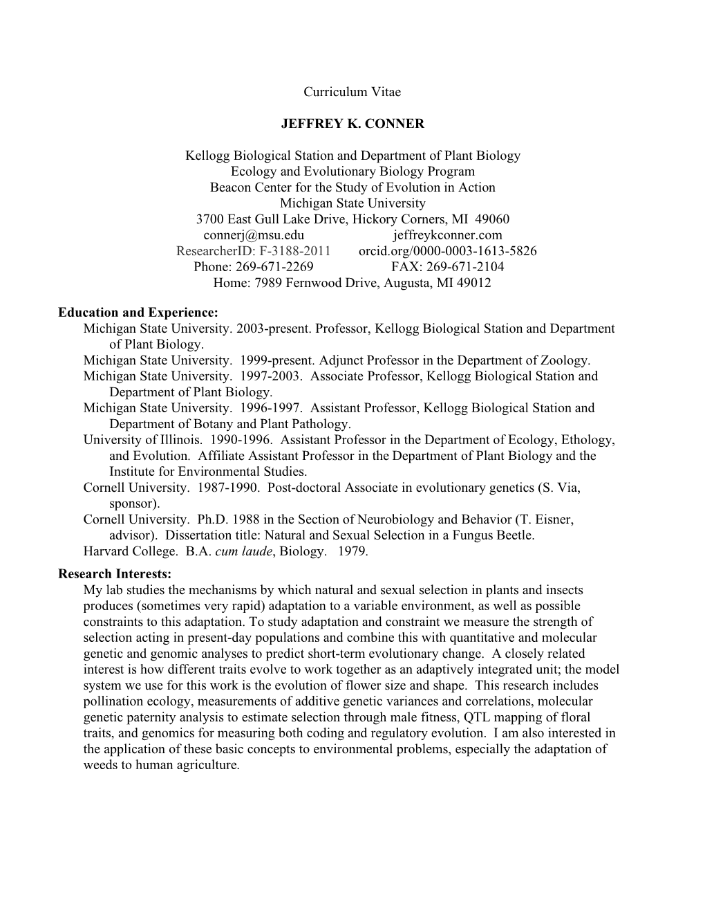 Curriculum Vitae JEFFREY K. CONNER Kellogg Biological