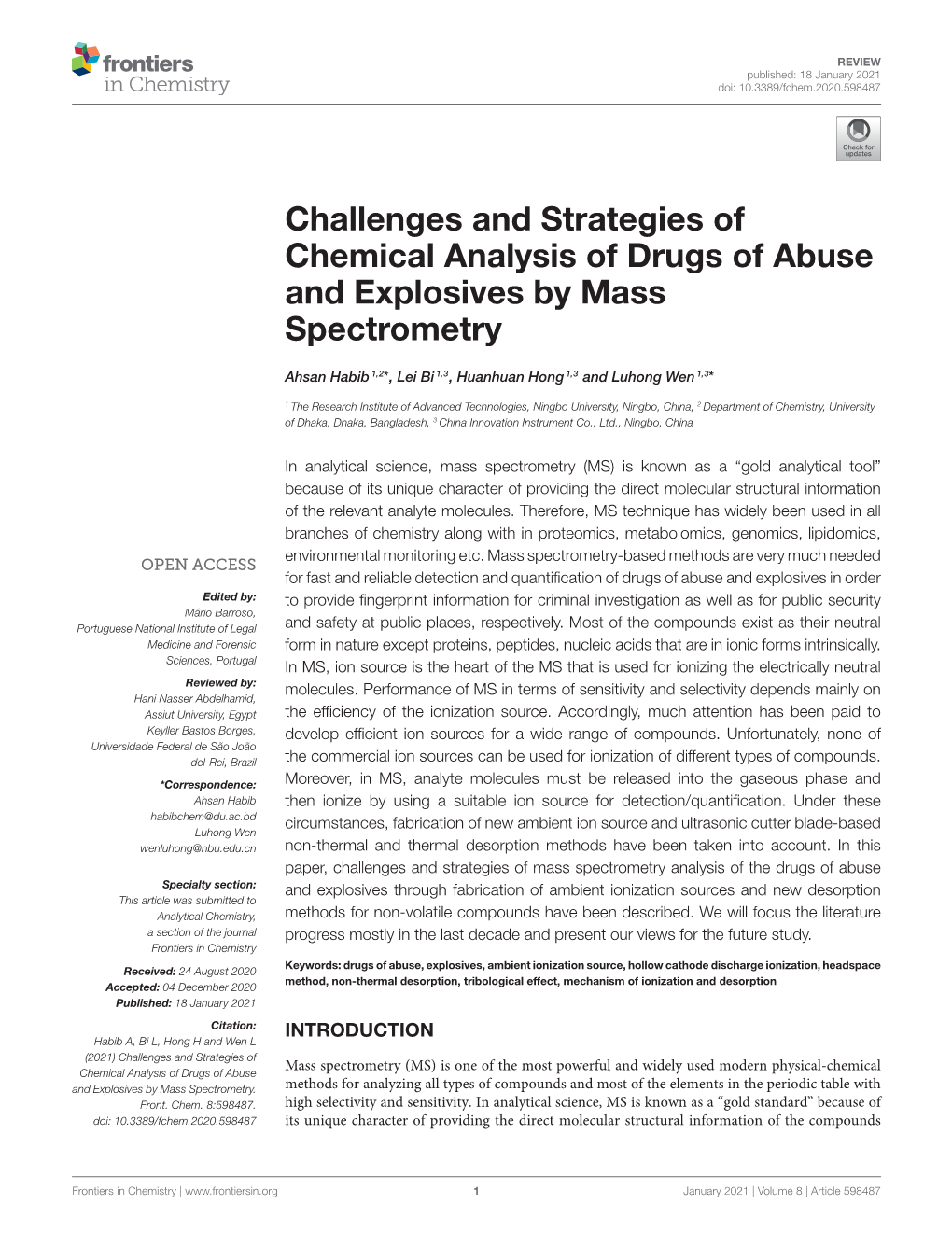 Challenges and Strategies of Chemical Analysis of Drugs of Abuse and Explosives by Mass Spectrometry