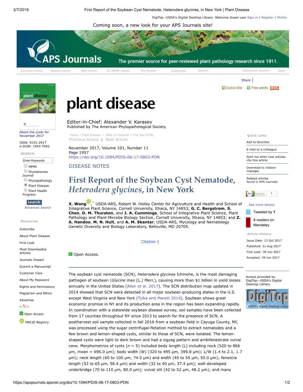 First Report of the Soybean Cyst Nematode, Heterodera Glycines, in New York | Plant Disease