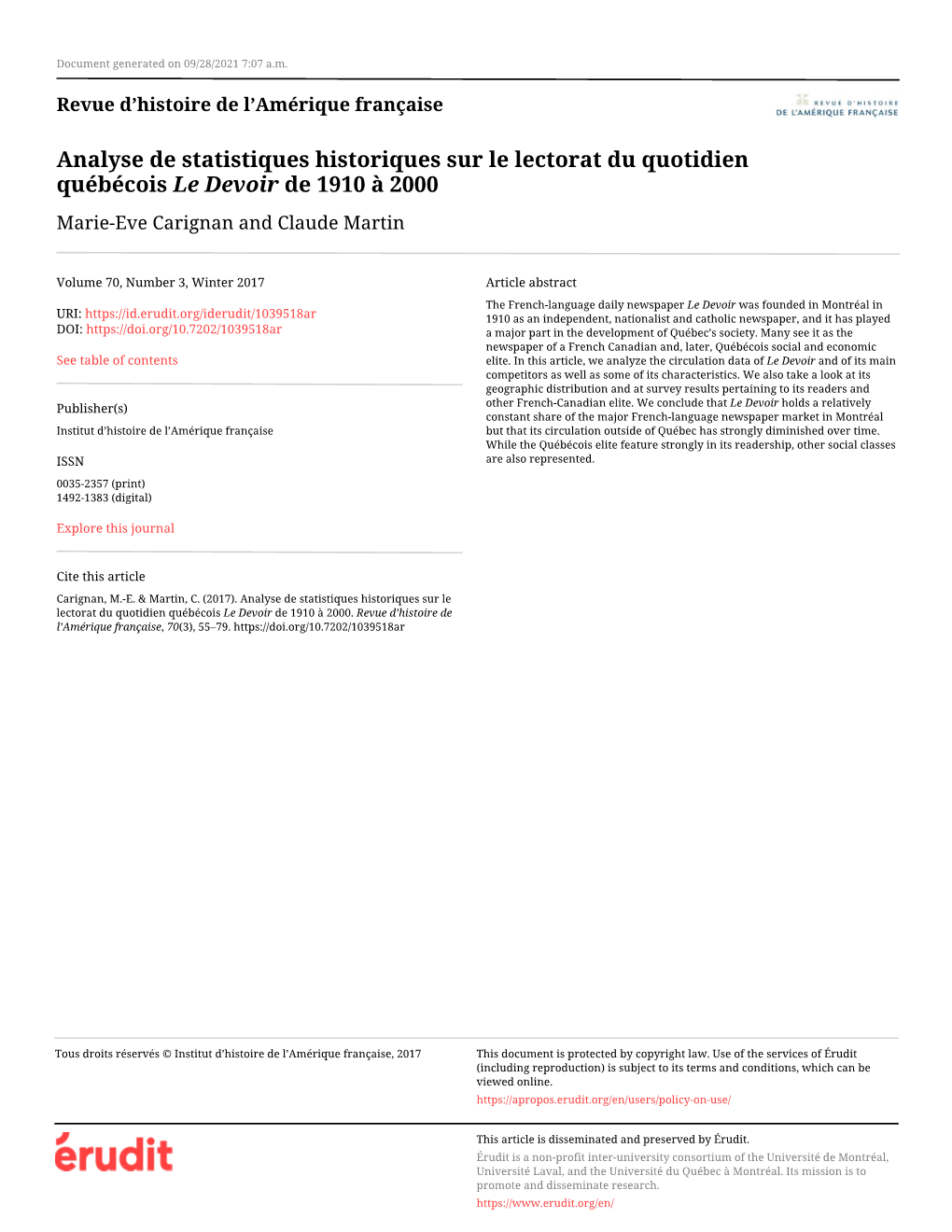 Analyse De Statistiques Historiques Sur Le Lectorat Du Quotidien Québécois Le Devoir De 1910 À 2000 Marie-Eve Carignan and Claude Martin