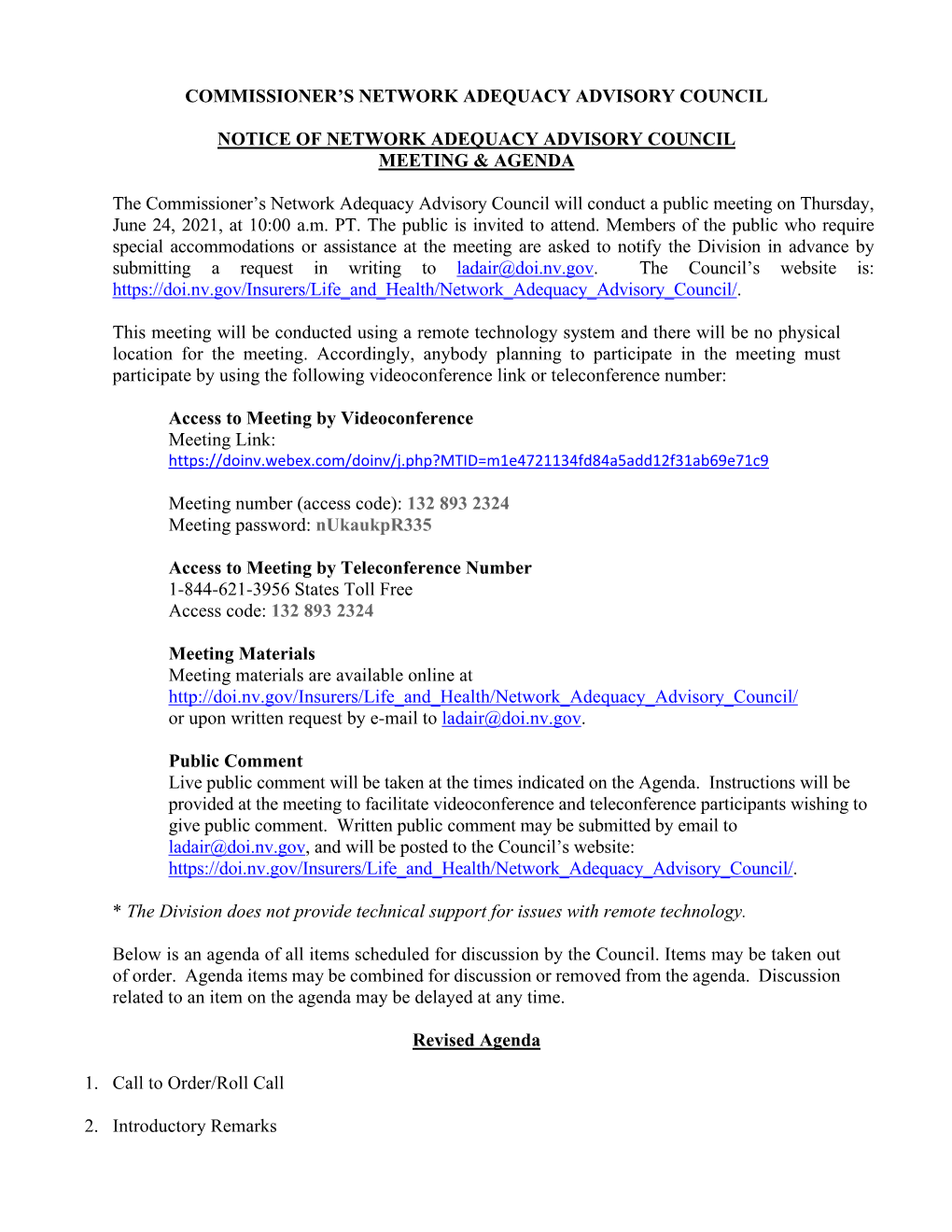 Notice of Network Adequacy Council Meeting & Agenda