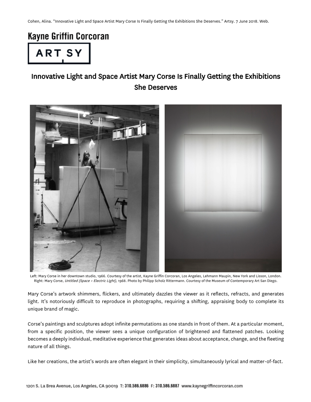 Innovative Light and Space Artist Mary Corse Is Finally Getting the Exhibitions She Deserves.” Artsy