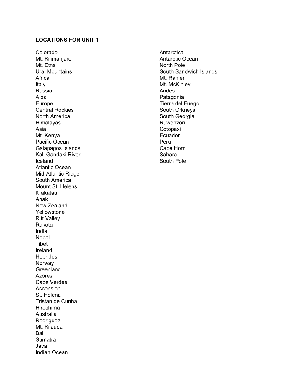 LOCATIONS for UNIT 1 Colorado Antarctica Mt. Kilimanjaro Antarctic