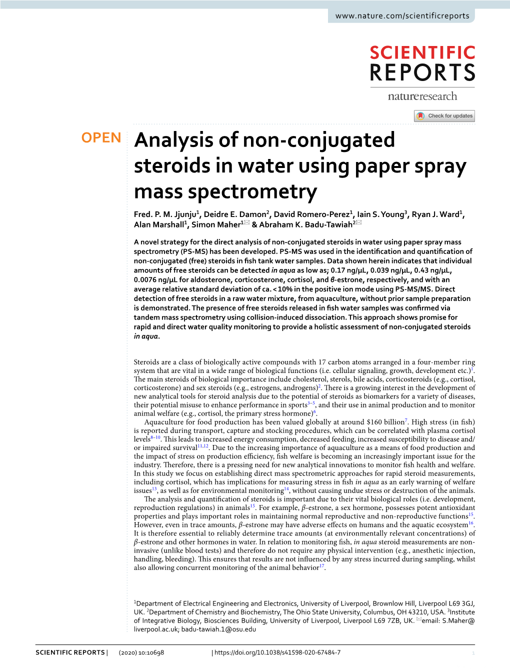 Analysis of Non-Conjugated Steroids in Water Using Paper Spray Mass Spectrometry (PS-MS) Has Been Developed