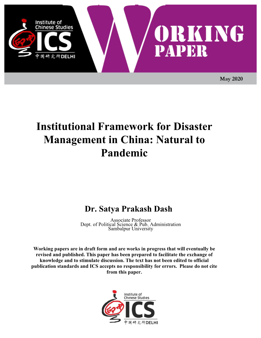 Institutional Framework for Disaster Management in China: Natural to Pandemic
