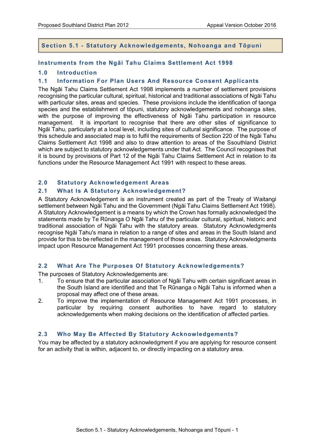 Section 5.1 - Statutory Acknowledgements, Nohoanga and Tōpuni