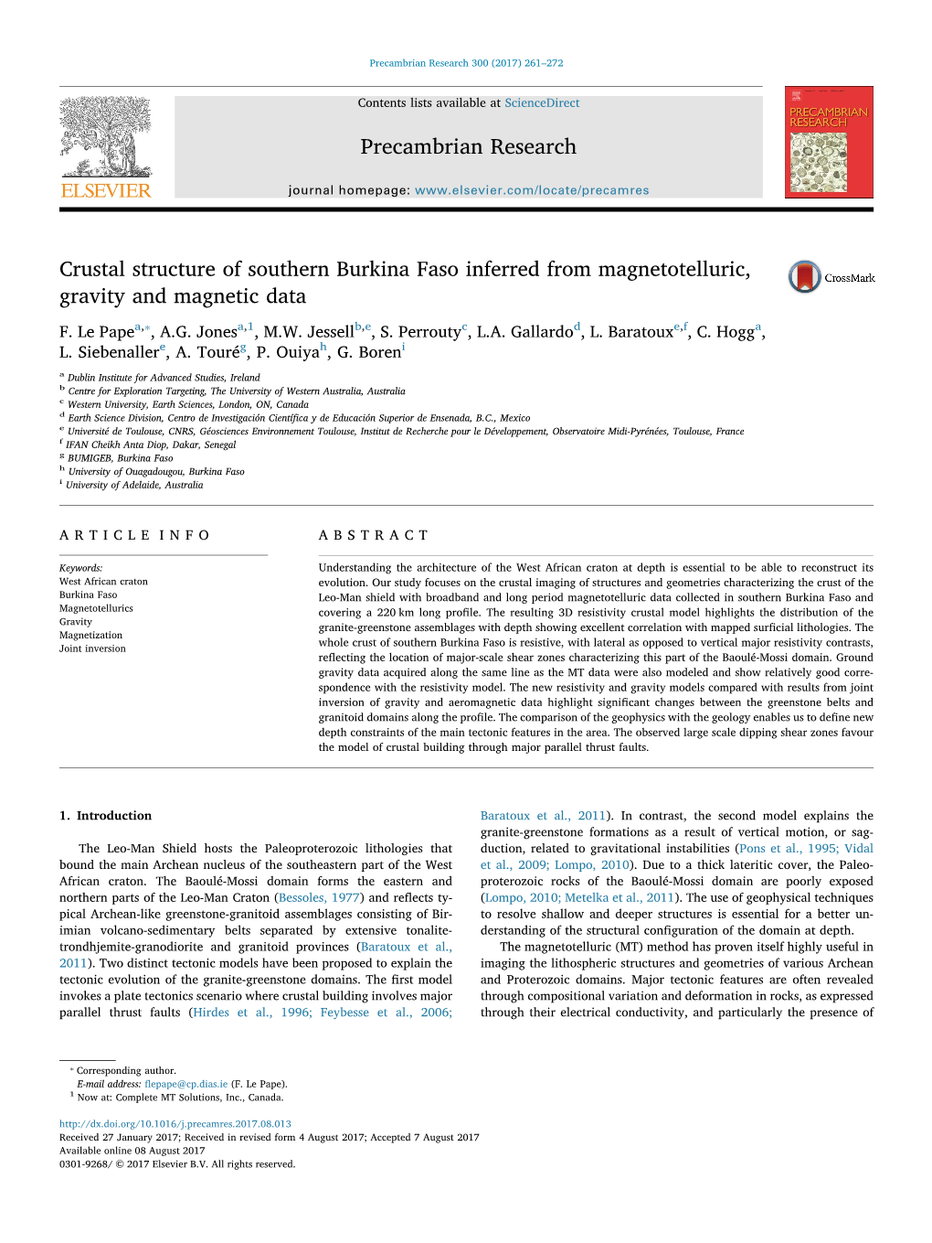 Crustal Structure of Southern Burkina Faso Inferred from Magnetotelluric, MARK Gravity and Magnetic Data ⁎ F