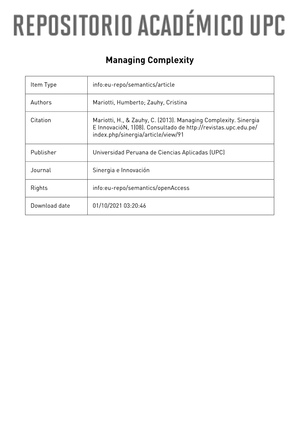 1 MANAGING COMPLEXITY Conceptual and Practical Tools