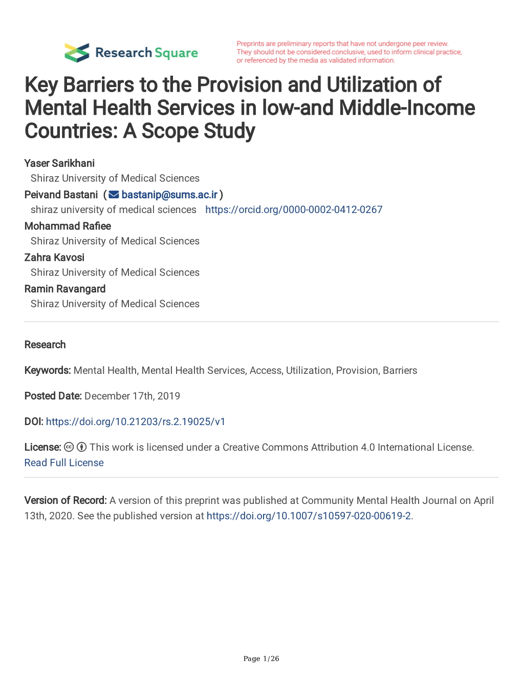 Key Barriers to the Provision and Utilization of Mental Health Services in Low-And Middle-Income Countries: a Scope Study