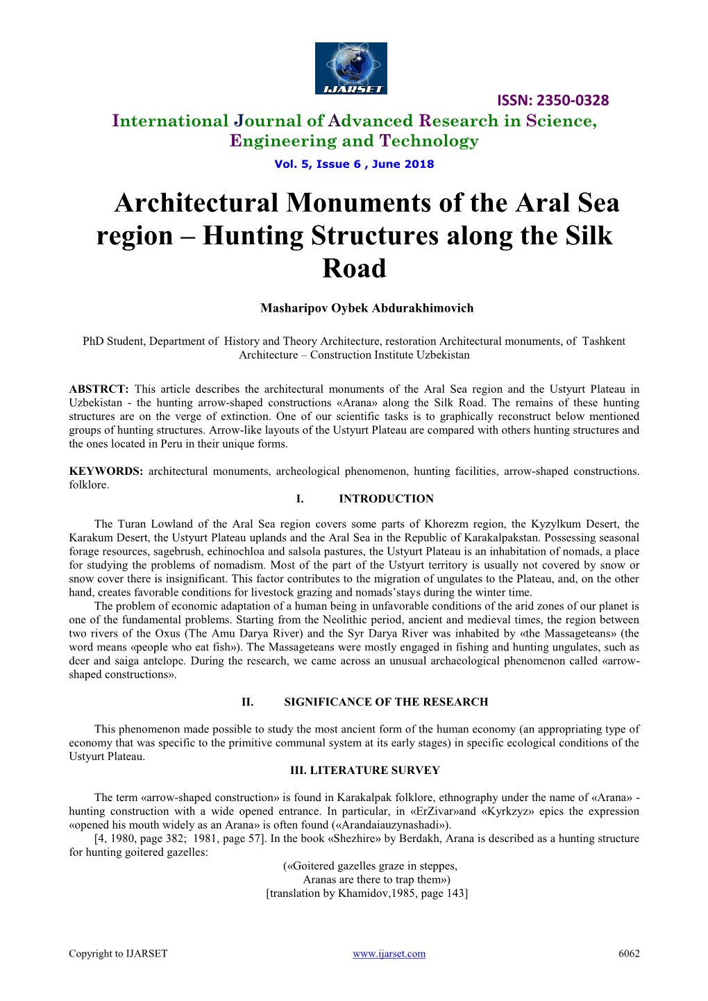 Architectural Monuments of the Aral Sea Region – Hunting Structures Along the Silk Road