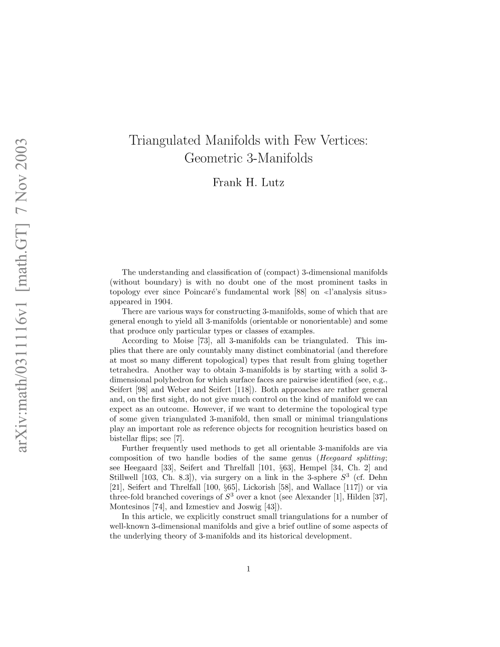 Triangulated Manifolds with Few Vertices: Geometric 3