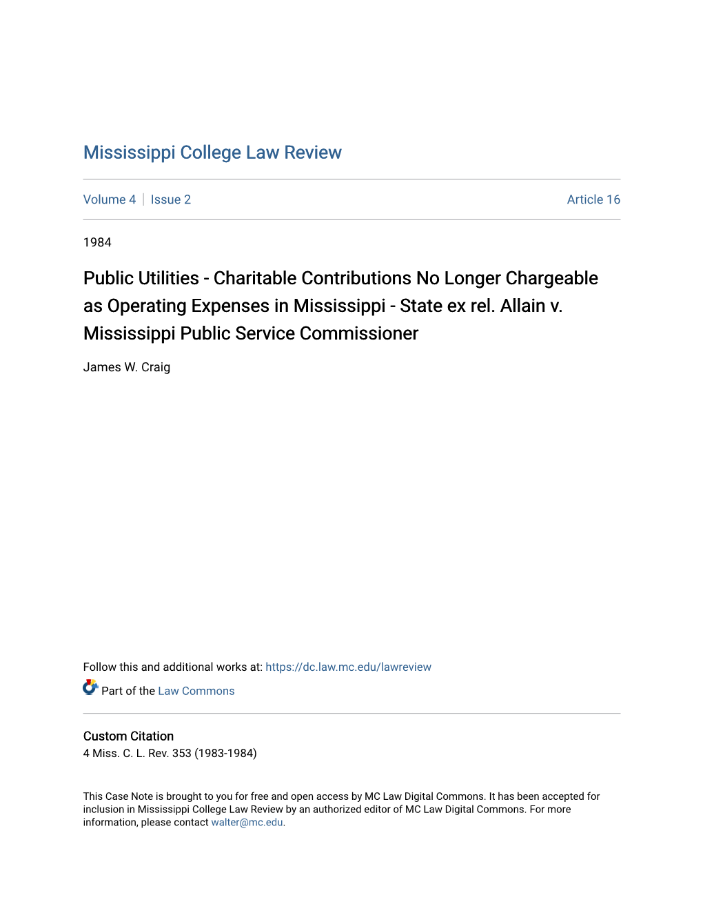 Public Utilities - Charitable Contributions No Longer Chargeable As Operating Expenses in Mississippi - State Ex Rel