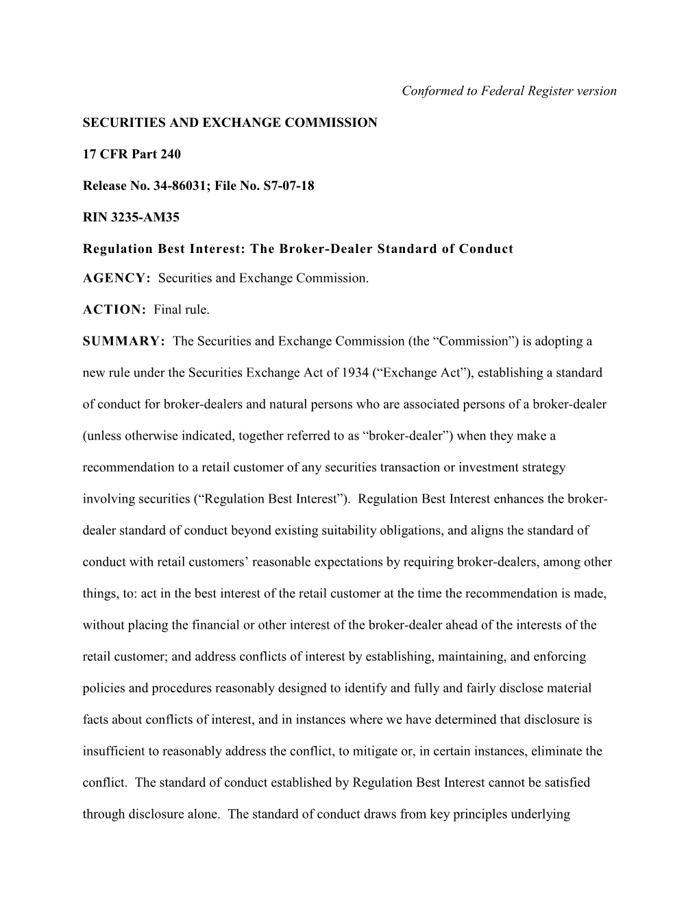 Regulation Best Interest: the Broker-Dealer Standard of Conduct