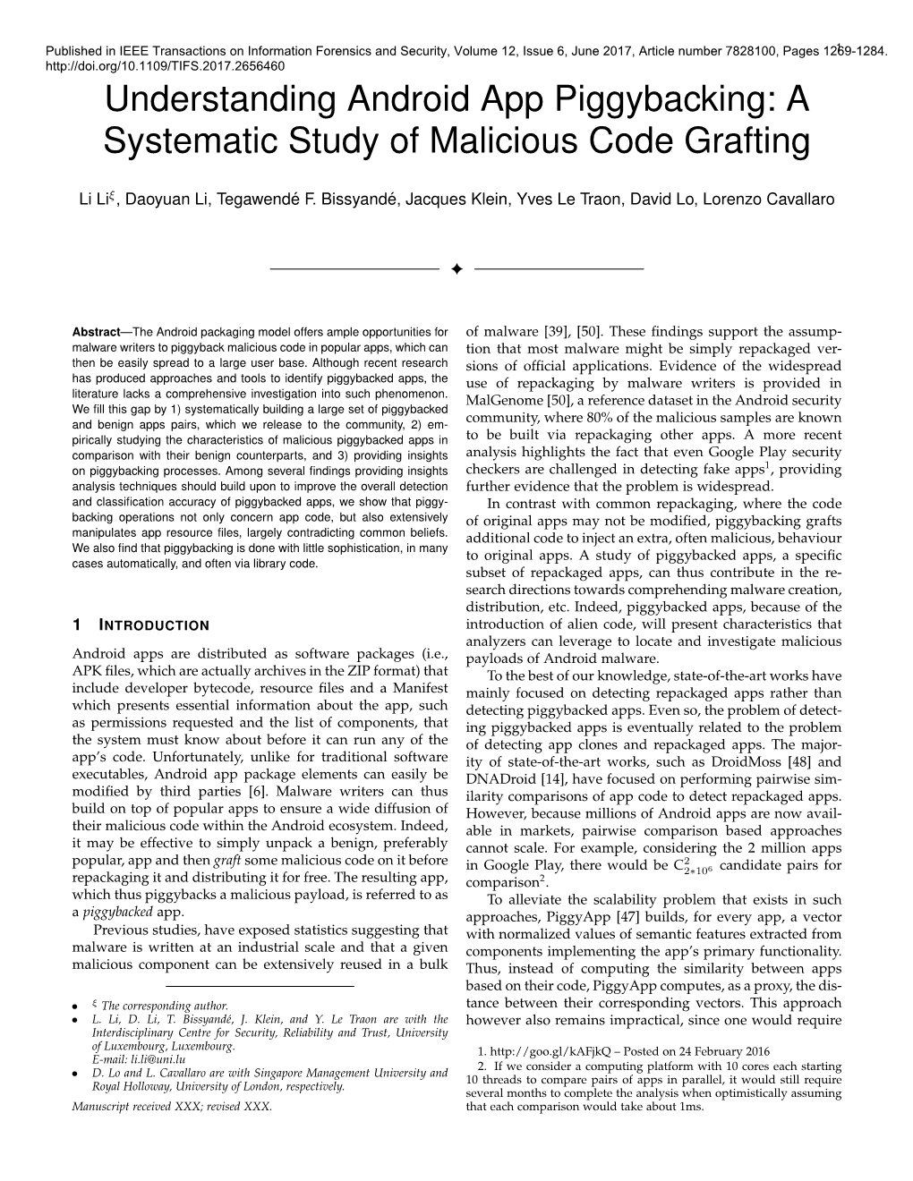 Understanding Android App Piggybacking: a Systematic Study of Malicious Code Grafting