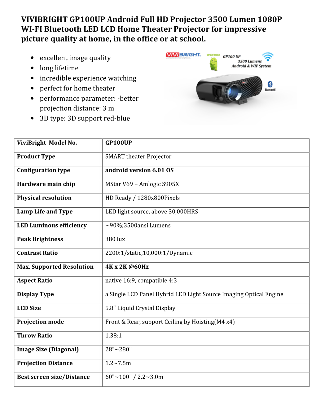 VIVIBRIGHT GP100UP Android Full HD Projector 3500 Lumen 1080P