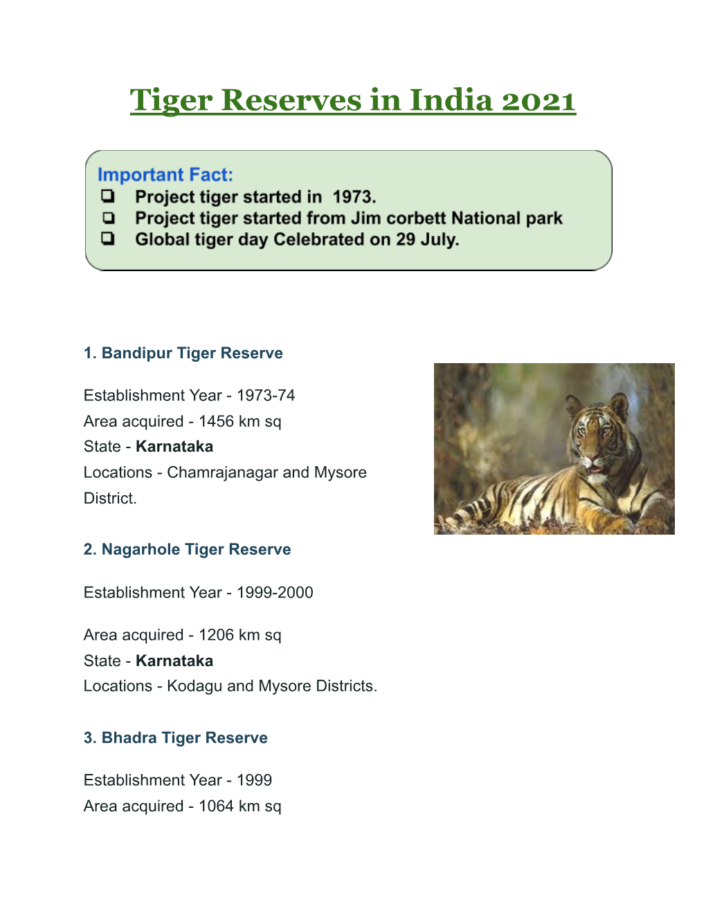 Tiger Reserves in India 2021