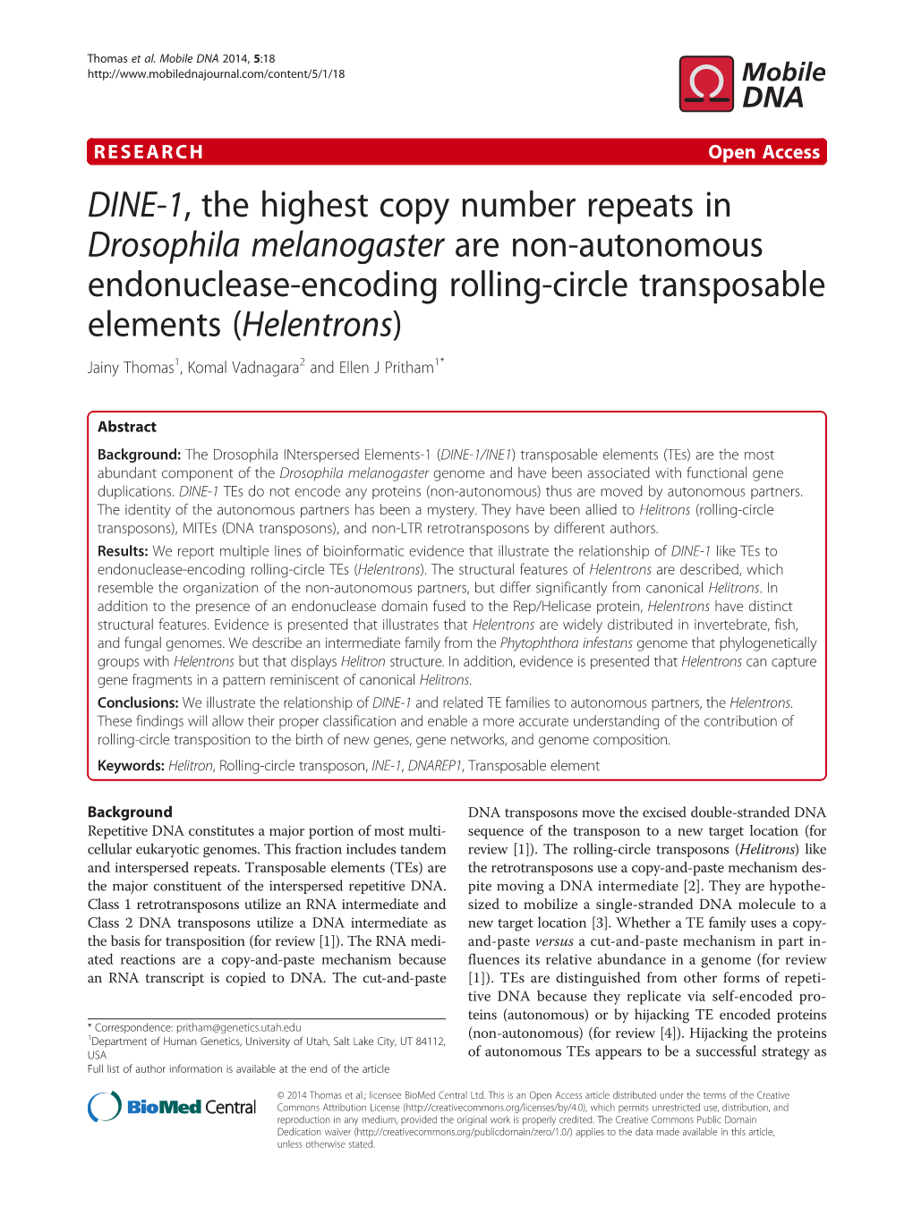 DINE-1, the Highest Copy Number Repeats in Drosophila Melanogaster