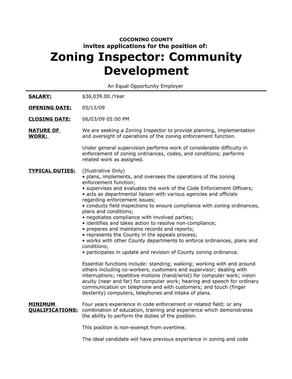 COCONINO Countyinvites Applications For The Position Of: Zoning Inspector: Community Developmentan Equal Opportunity Employer
