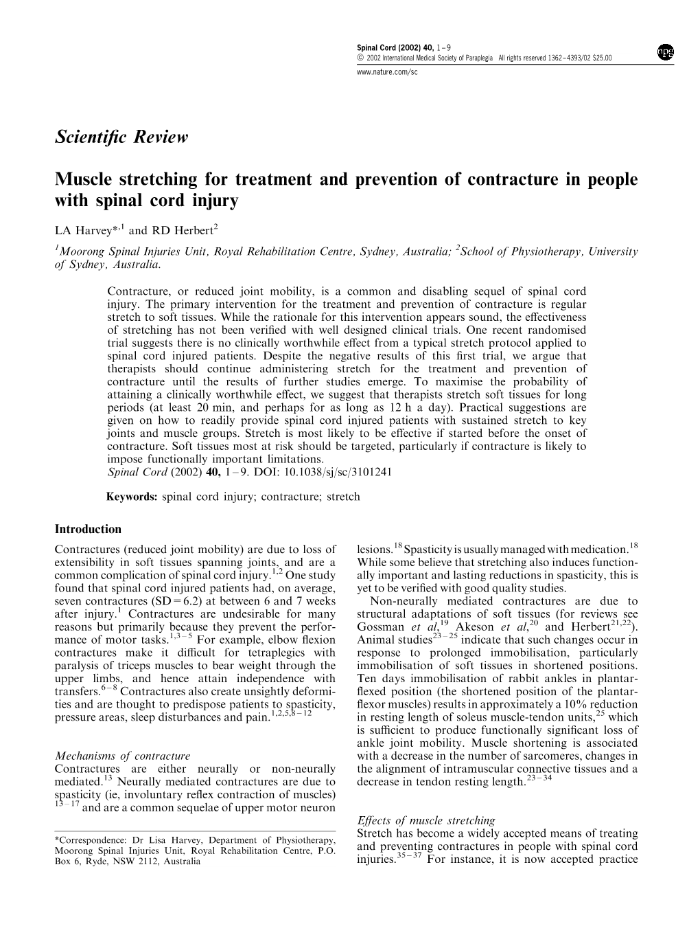 Scienti®C Review Muscle Stretching for Treatment and Prevention of Contracture in People with Spinal Cord Injury