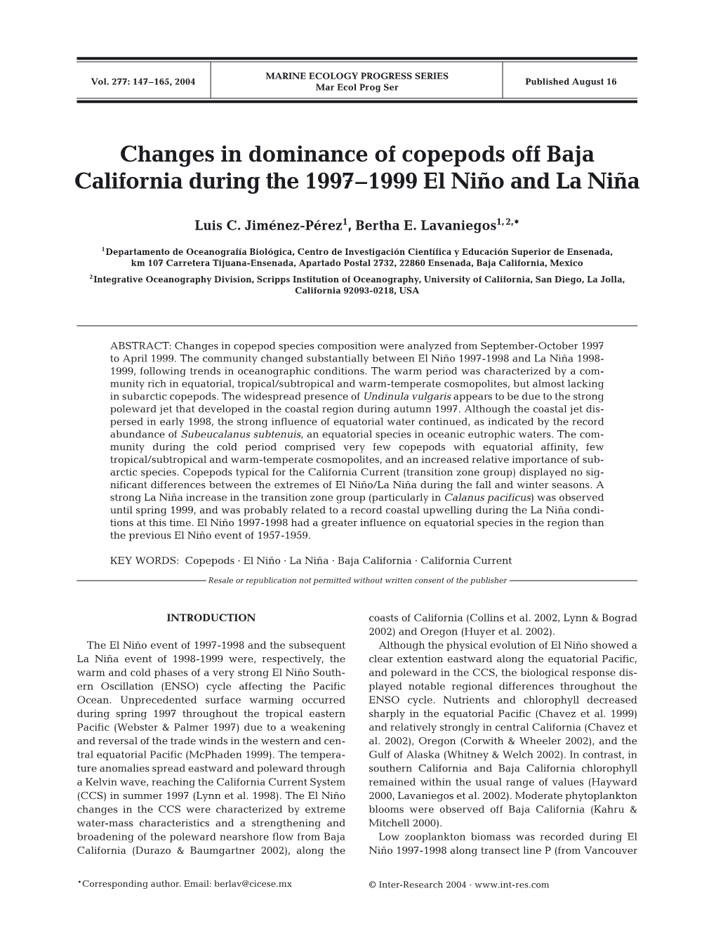 Changes in Dominance of Copepods Off Baja California During the 1997–1999 El Niño and La Niña