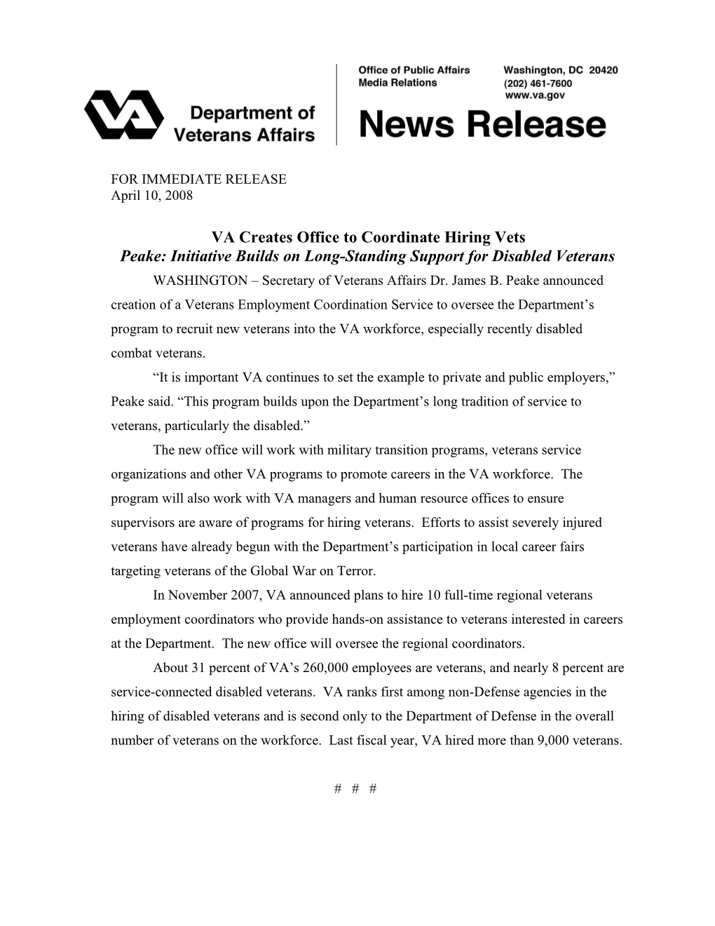 VA Creates Office to Coordinate Hiring Vets