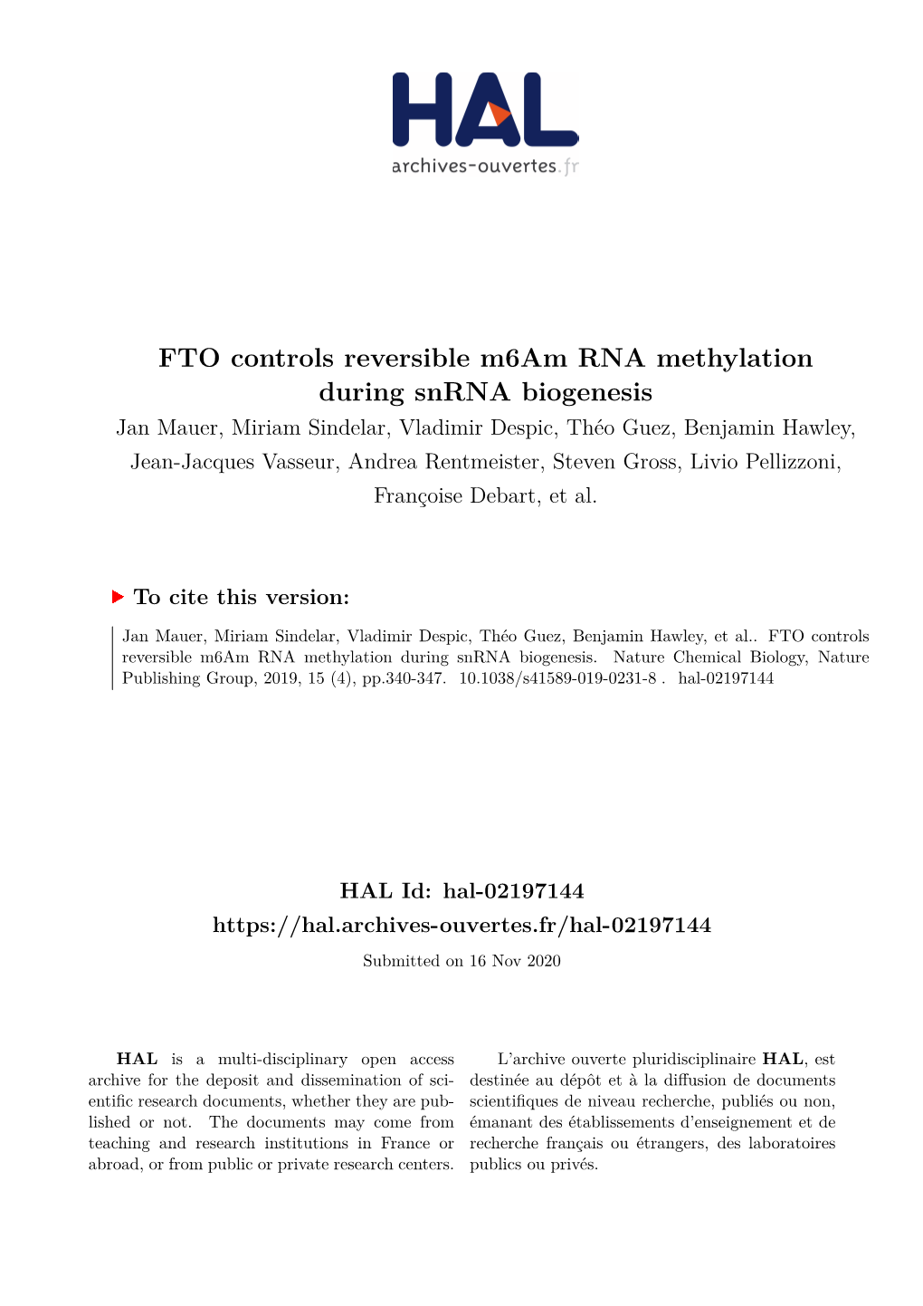 FTO Controls Reversible M6am RNA Methylation During Snrna Biogenesis