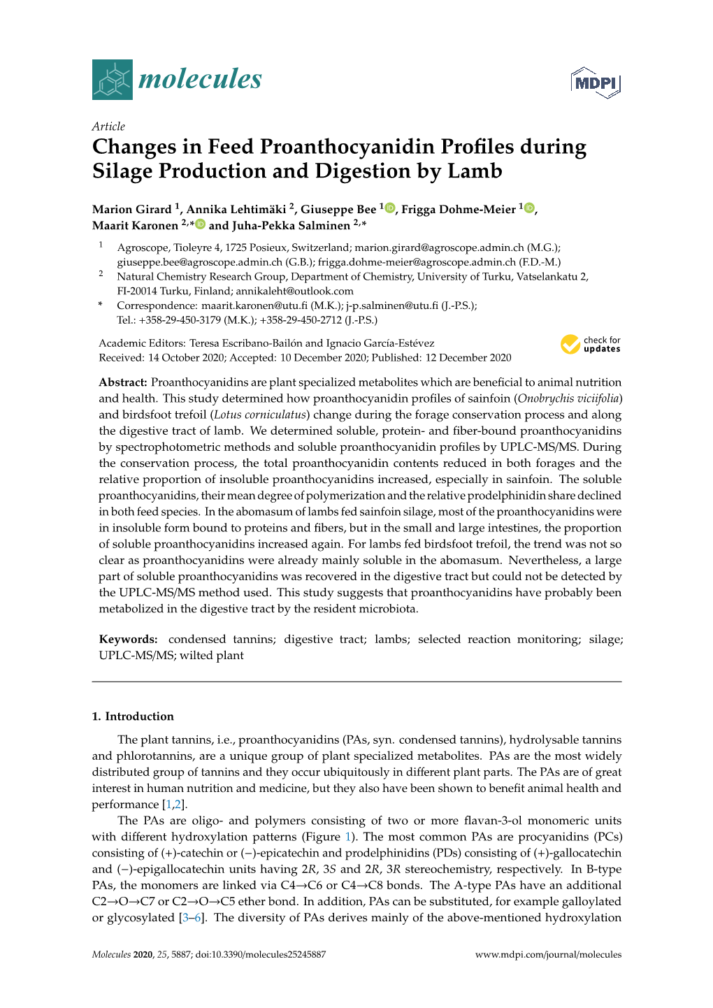 Changes in Feed Proanthocyanidin Profiles During Silage Production and Digestion by Lamb