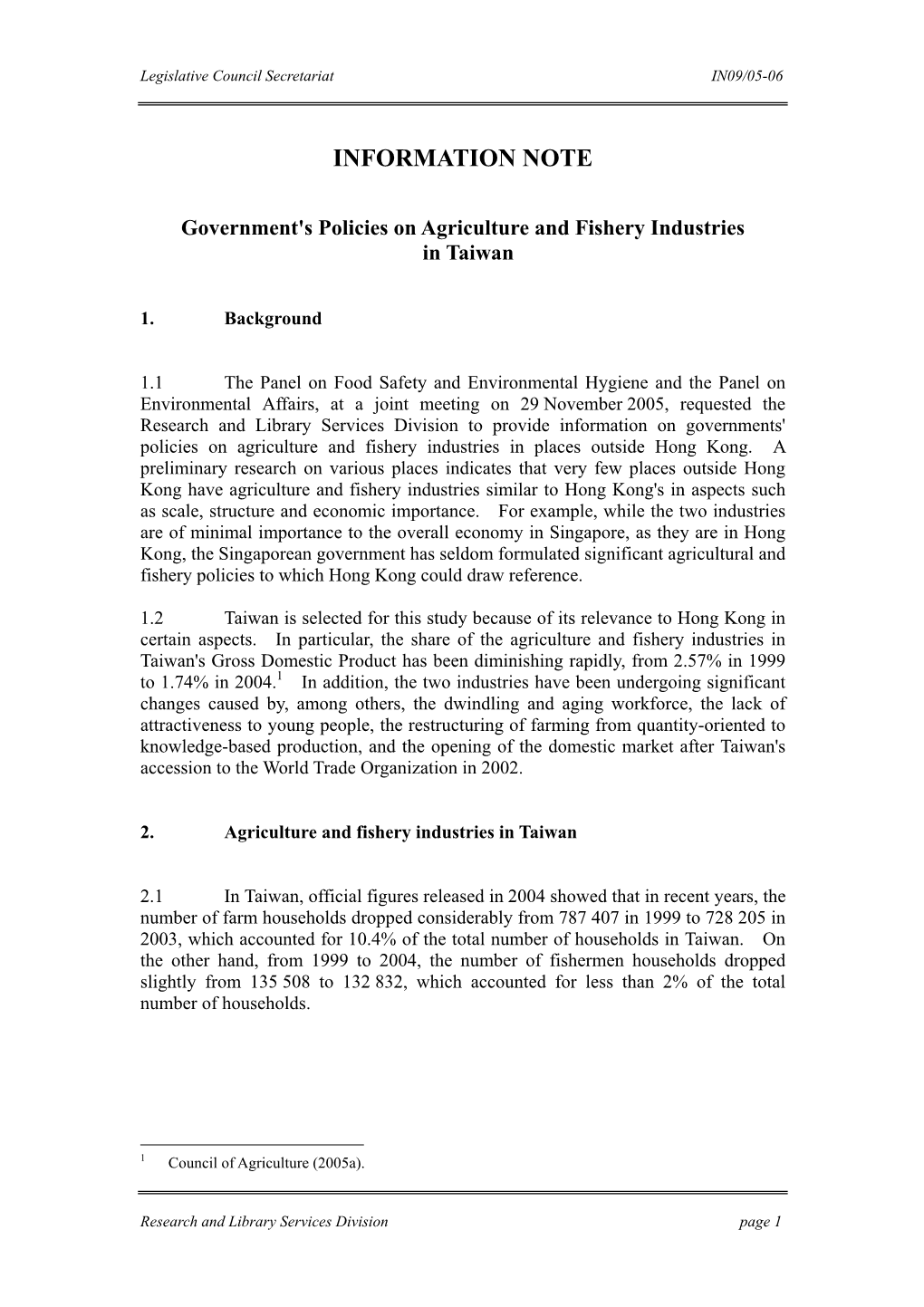 Government's Policies on Agriculture and Fishery Industries in Taiwan