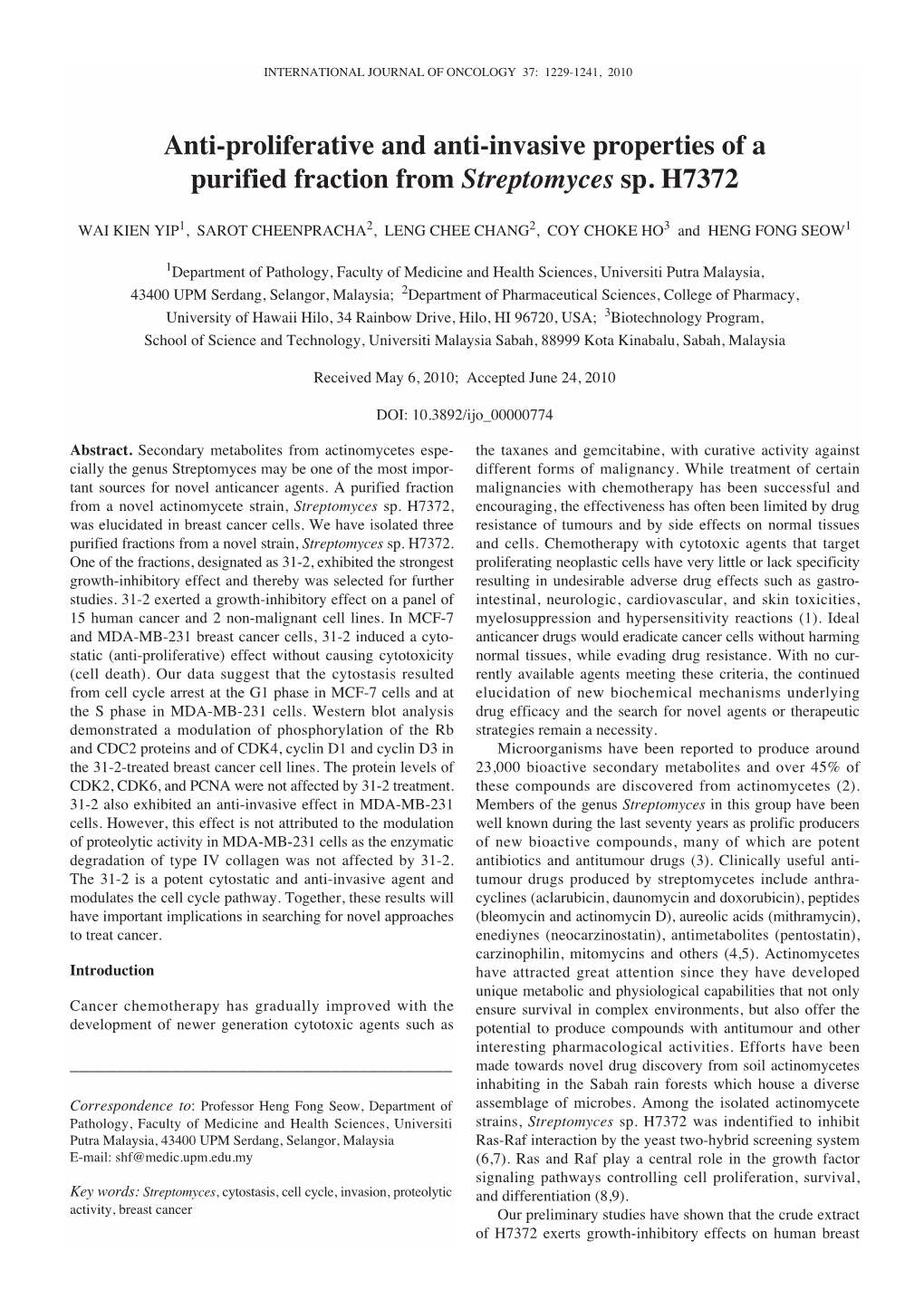 Anti-Proliferative and Anti-Invasive Properties of a Purified Fraction from Streptomyces Sp