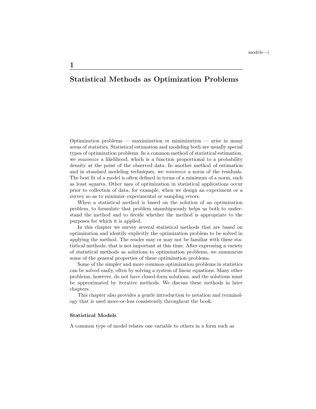 1 Statistical Methods As Optimization Problems