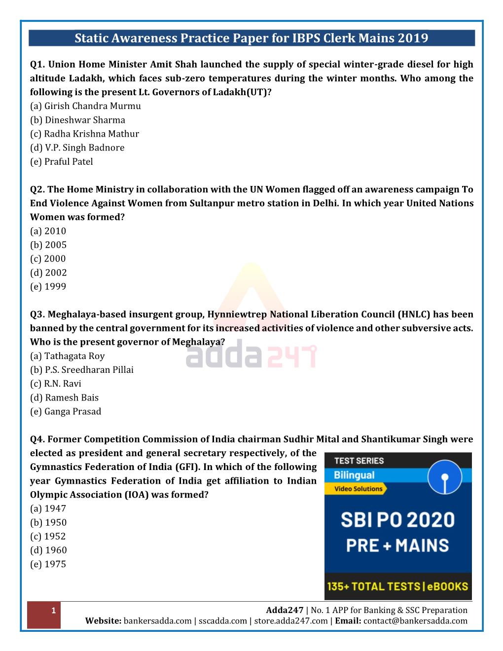 Static Awareness Practice Paper for IBPS Clerk Mains 2019