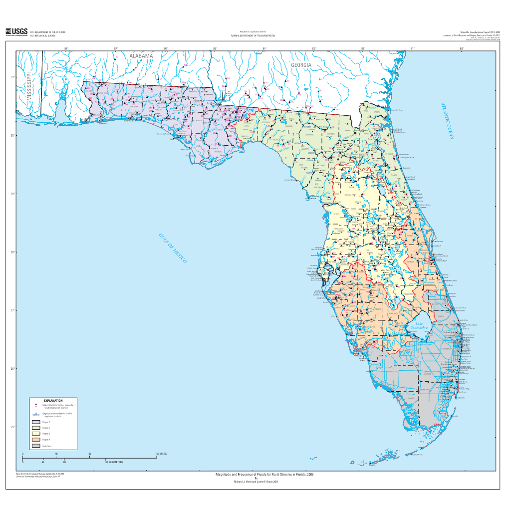 PLATE 1—Locations of Flood Regions and Gaging Stations in Florida