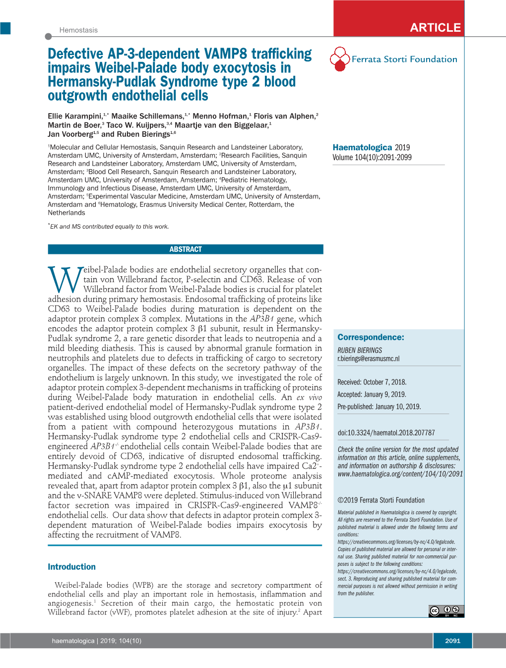 Defective AP-3-Dependent VAMP8 Trafficking Impairs Weibel-Palade