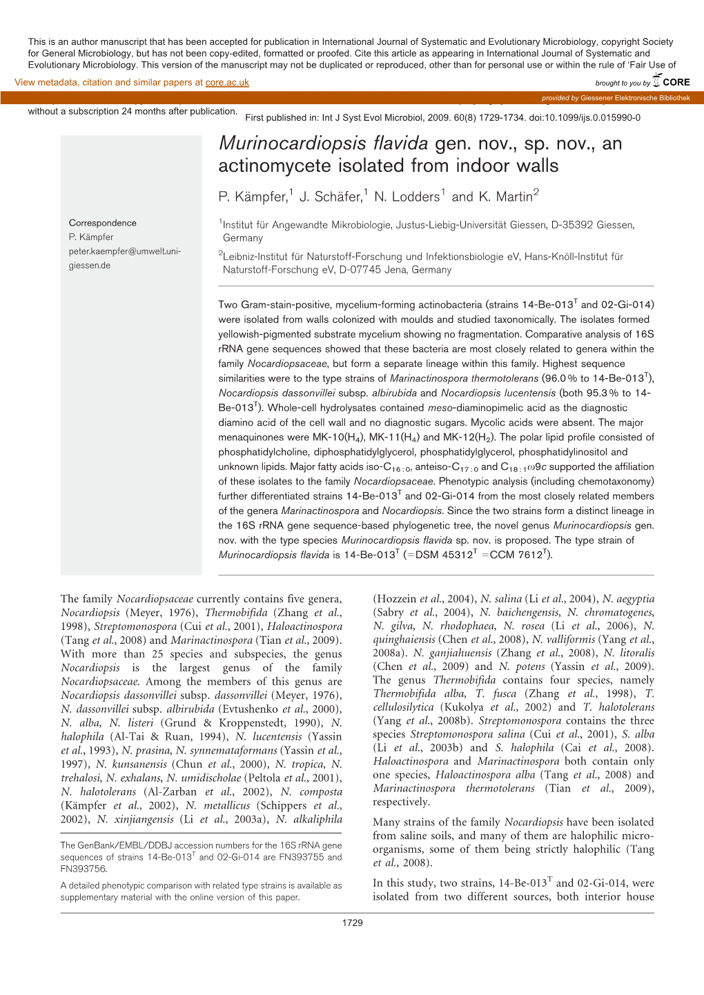 Murinocardiopsis Flavida Gen. Nov., Sp. Nov., an Actinomycete Isolated from Indoor Walls