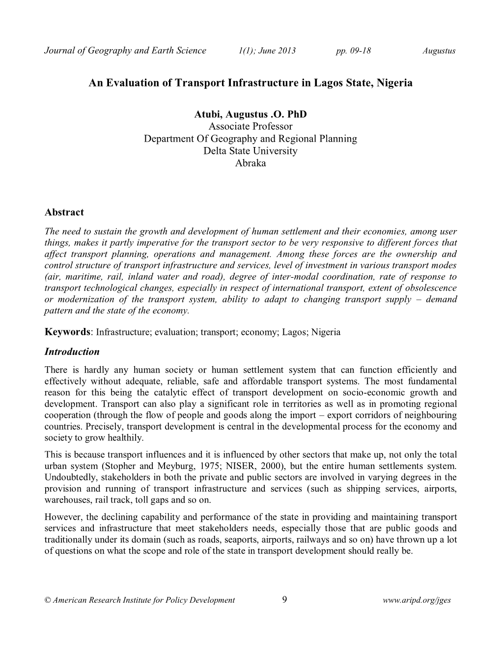 An Evaluation of Transport Infrastructure in Lagos State, Nigeria