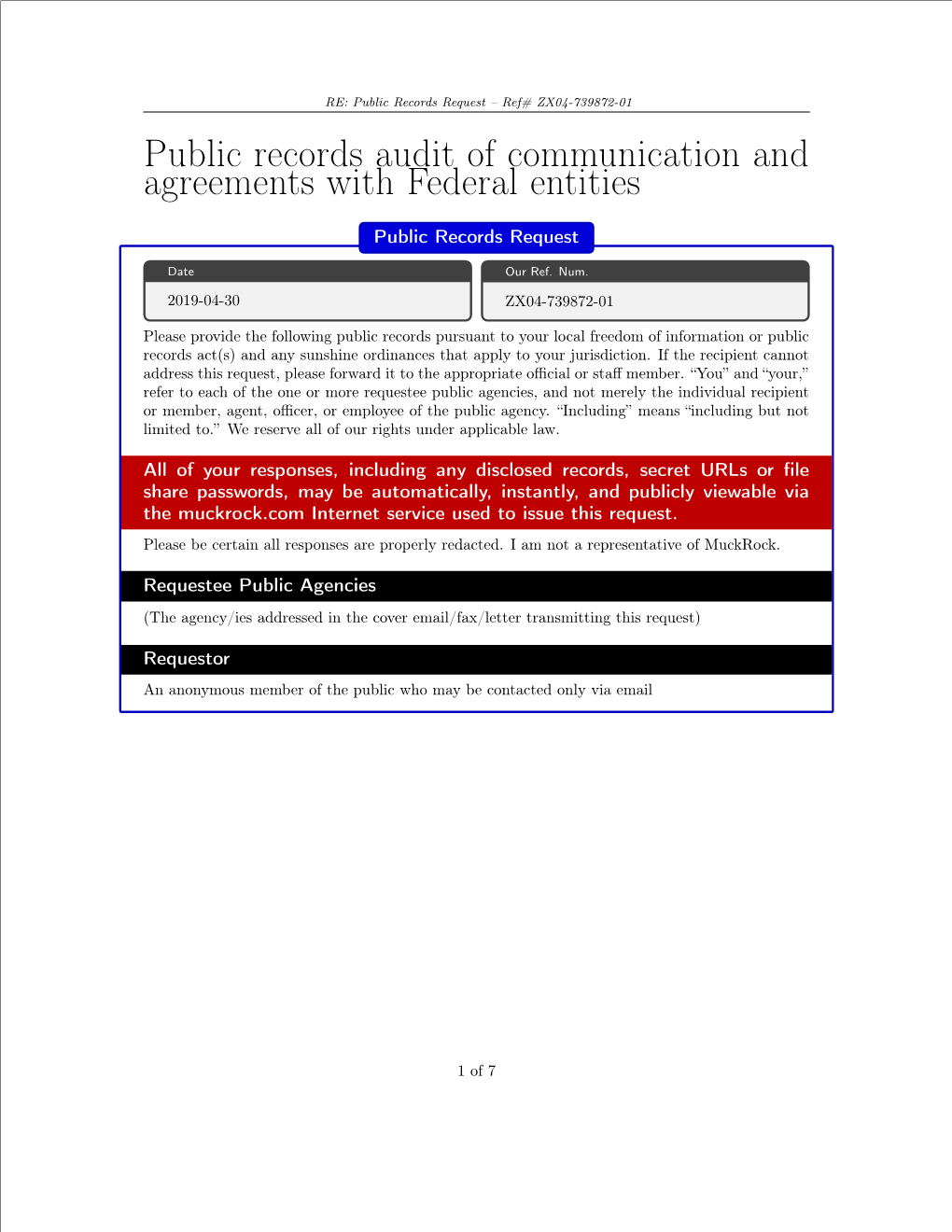 Public Records Audit of Communication and Agreements with Federal Entities