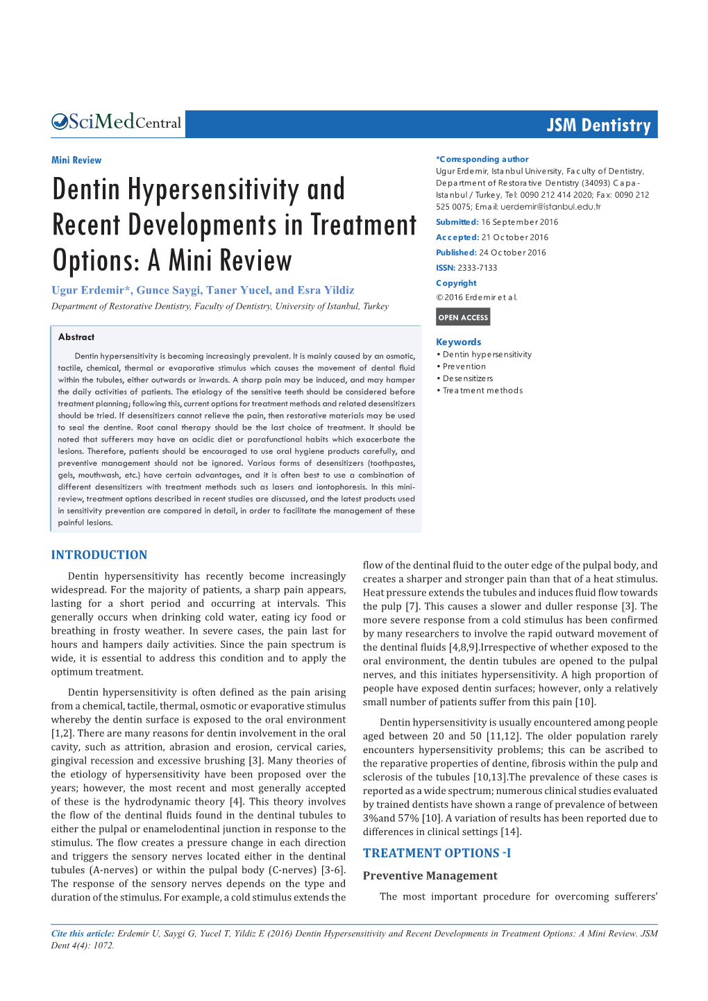 Dentin Hypersensitivity and Recent Developments in Treatment Options: a Mini Review