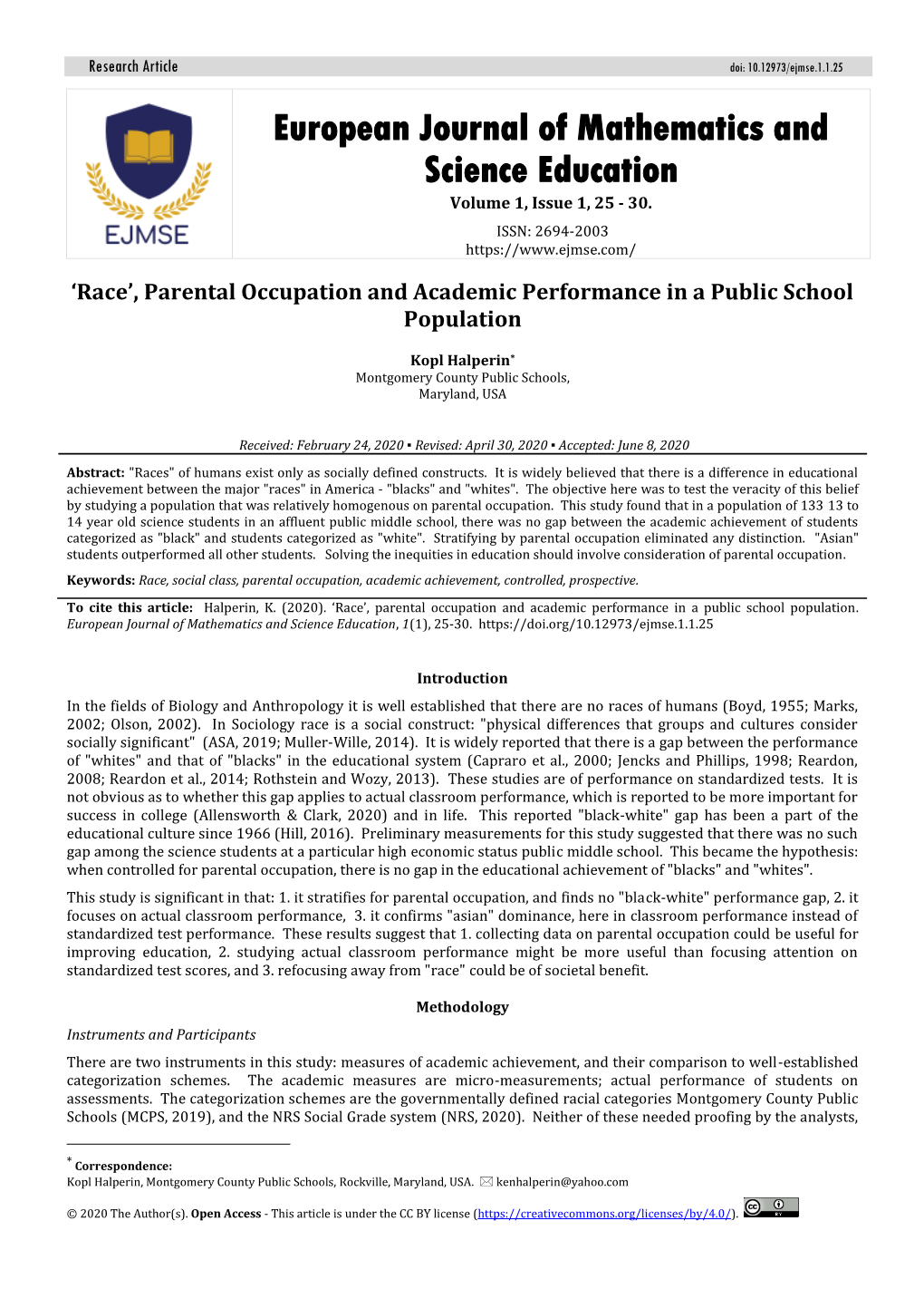 European Journal of Mathematics and Science Education Volume 1, Issue 1, 25 - 30