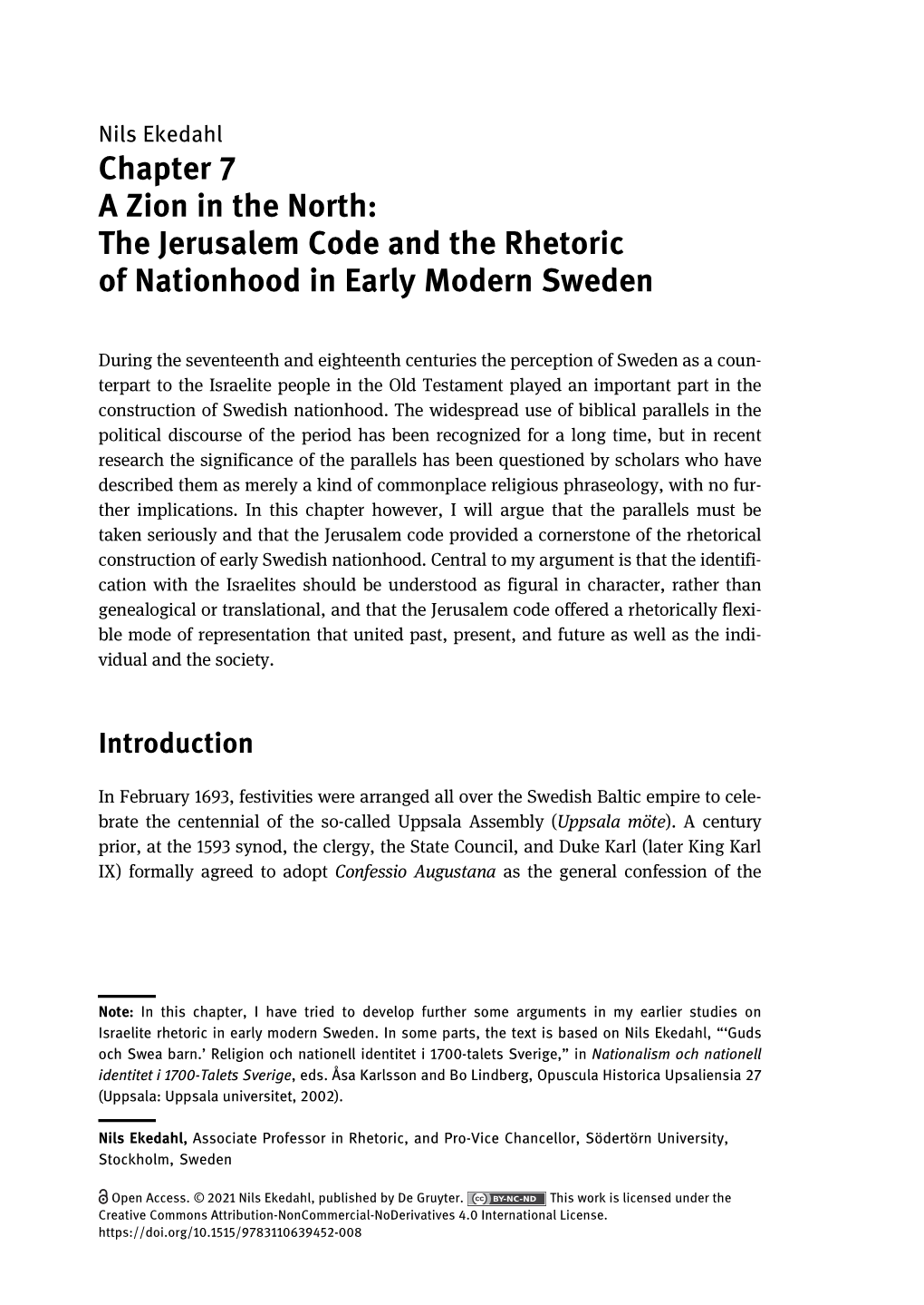 A Zion in the North: the Jerusalem Code and the Rhetoric of Nationhood in Early Modern Sweden