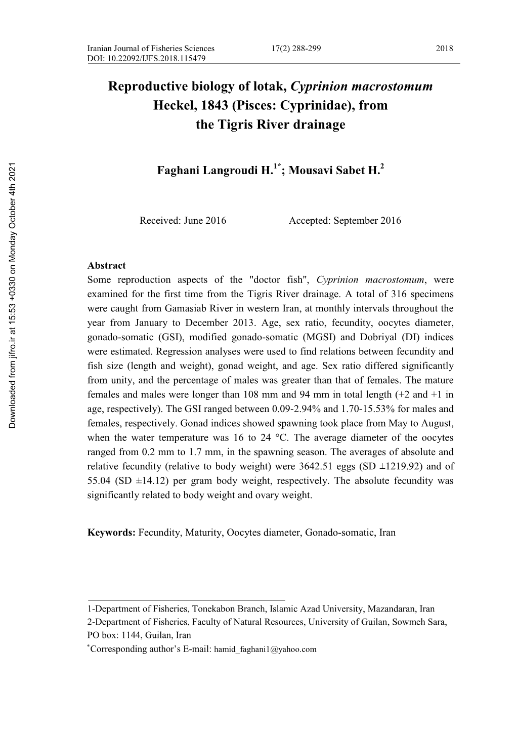 Reproductive Biology of Lotak, Cyprinion Macrostomum Heckel, 1843 (Pisces: Cyprinidae), from the Tigris River Drainage