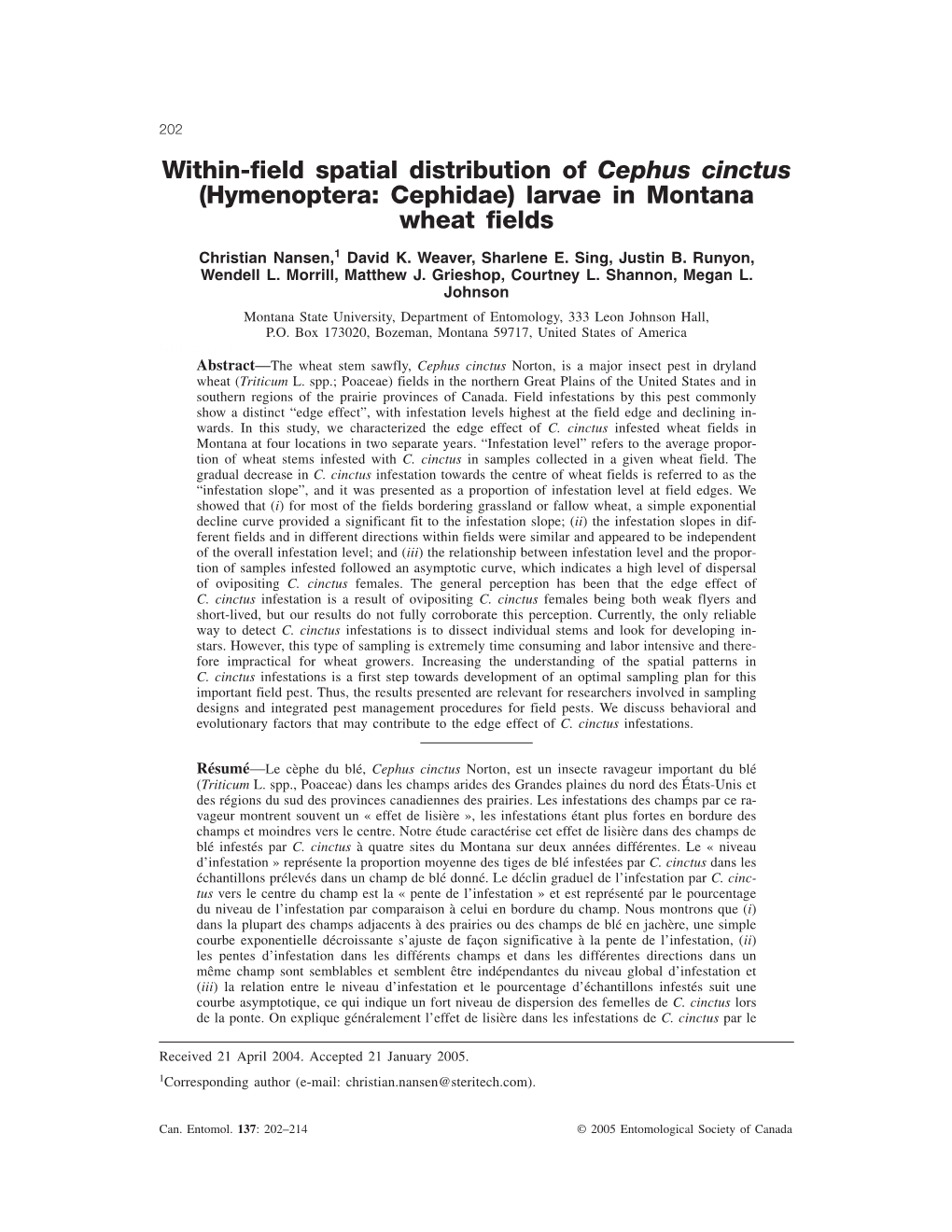 Within-Field Spatial Distribution of Cephus Cinctus (Hymenoptera: Cephidae) Larvae in Montana Wheat Fields