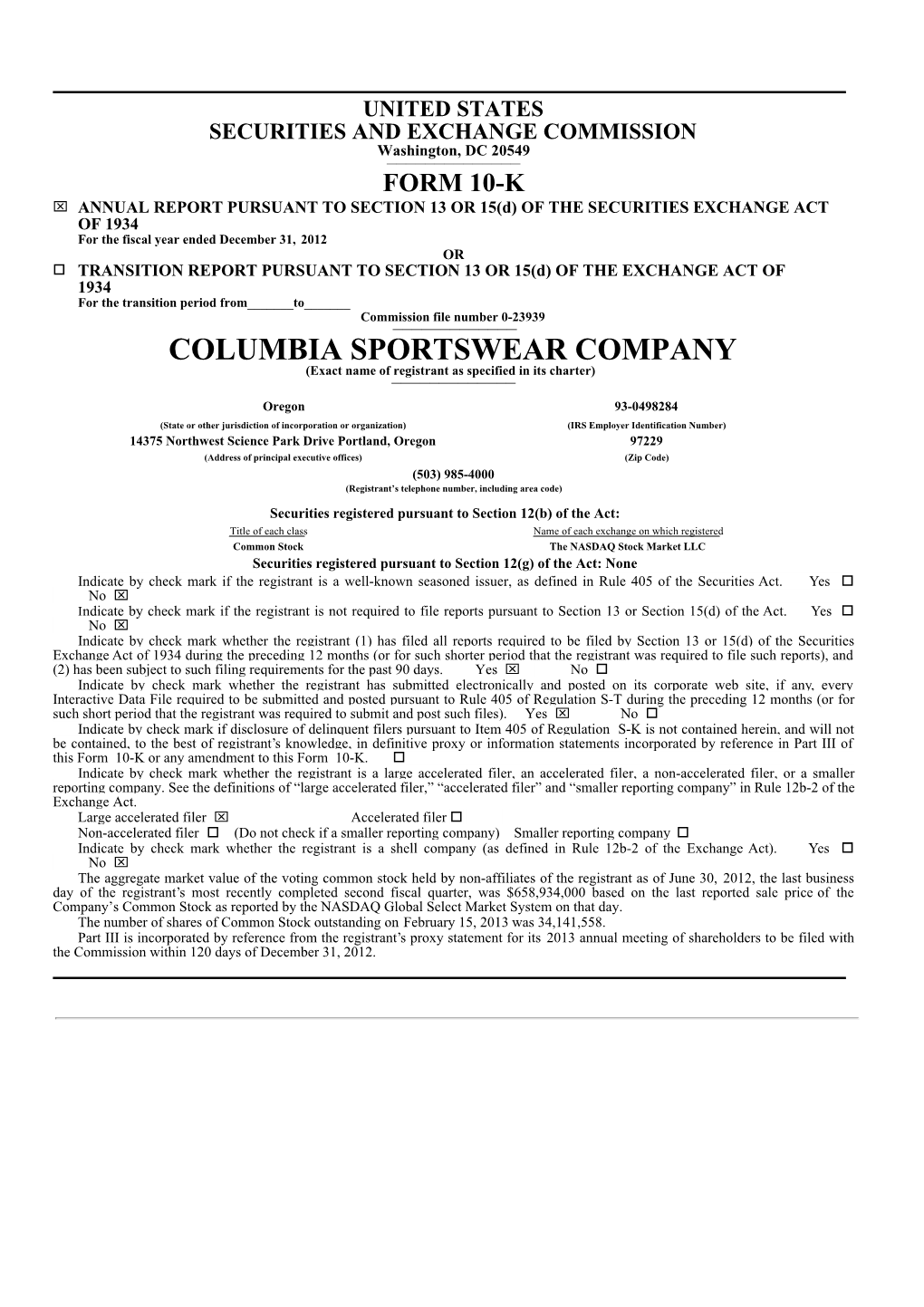 COLUMBIA SPORTSWEAR COMPANY (Exact Name of Registrant As Specified in Its Charter) —————————————