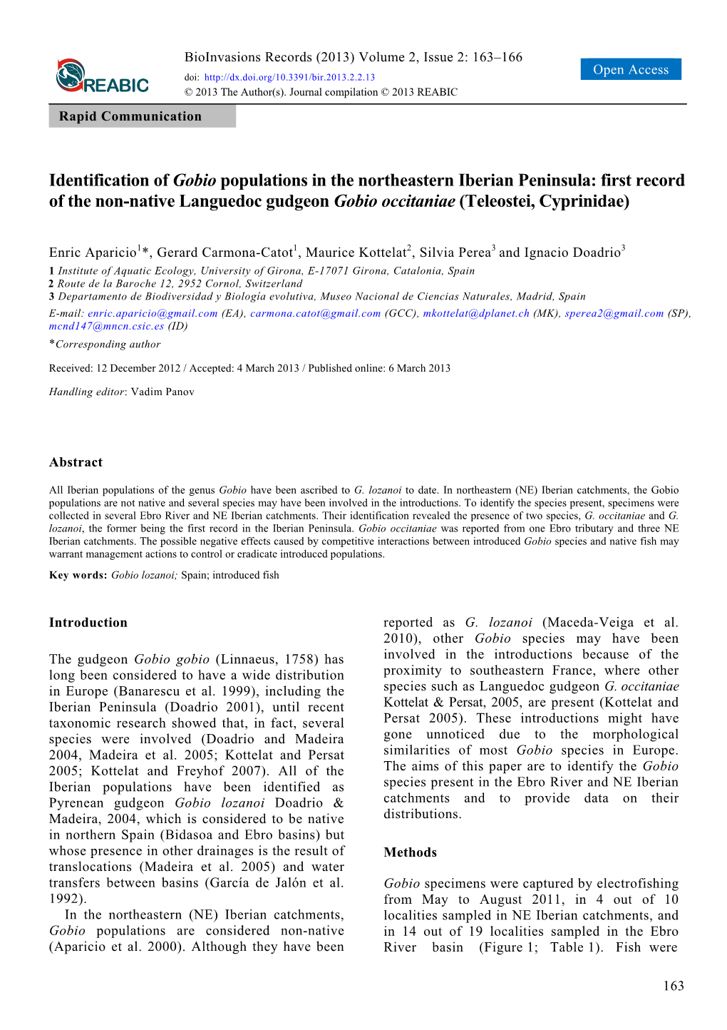 Identification of Gobio Populations in the Northeastern Iberian Peninsula: First Record of the Non-Native Languedoc Gudgeon Gobio Occitaniae (Teleostei, Cyprinidae)