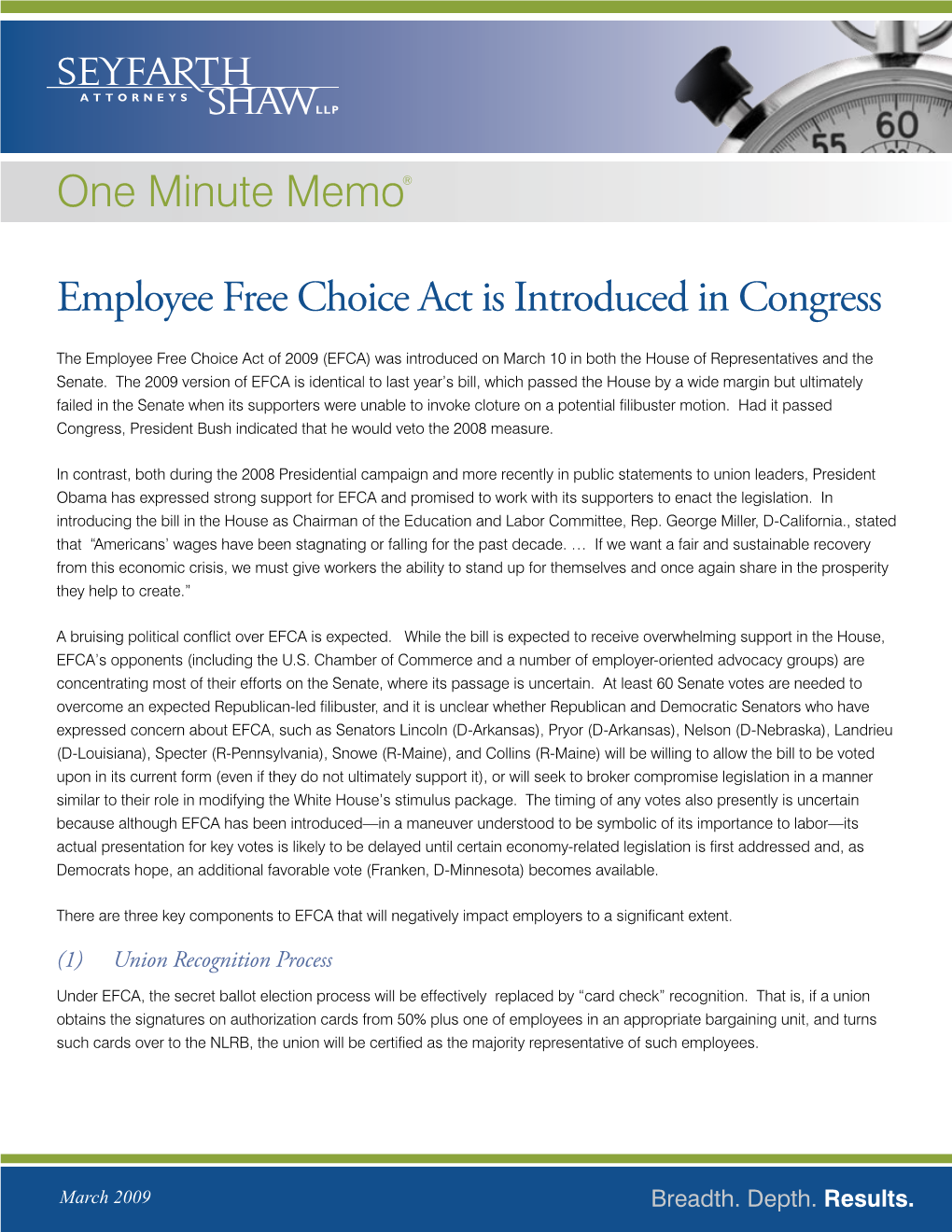 One Minute Memo® Employee Free Choice Act Is Introduced in Congress