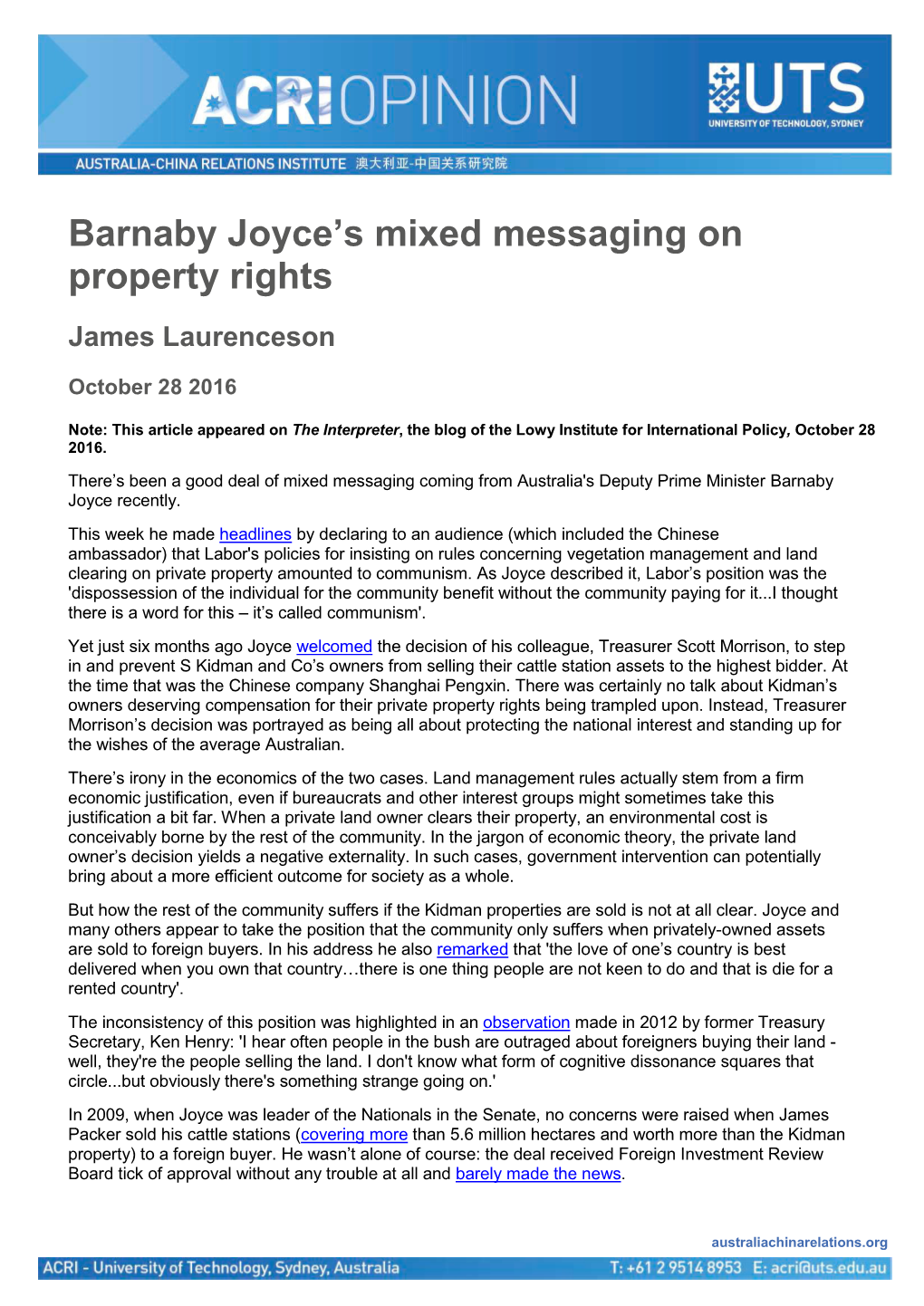 Barnaby Joyce's Mixed Messaging on Property Rights