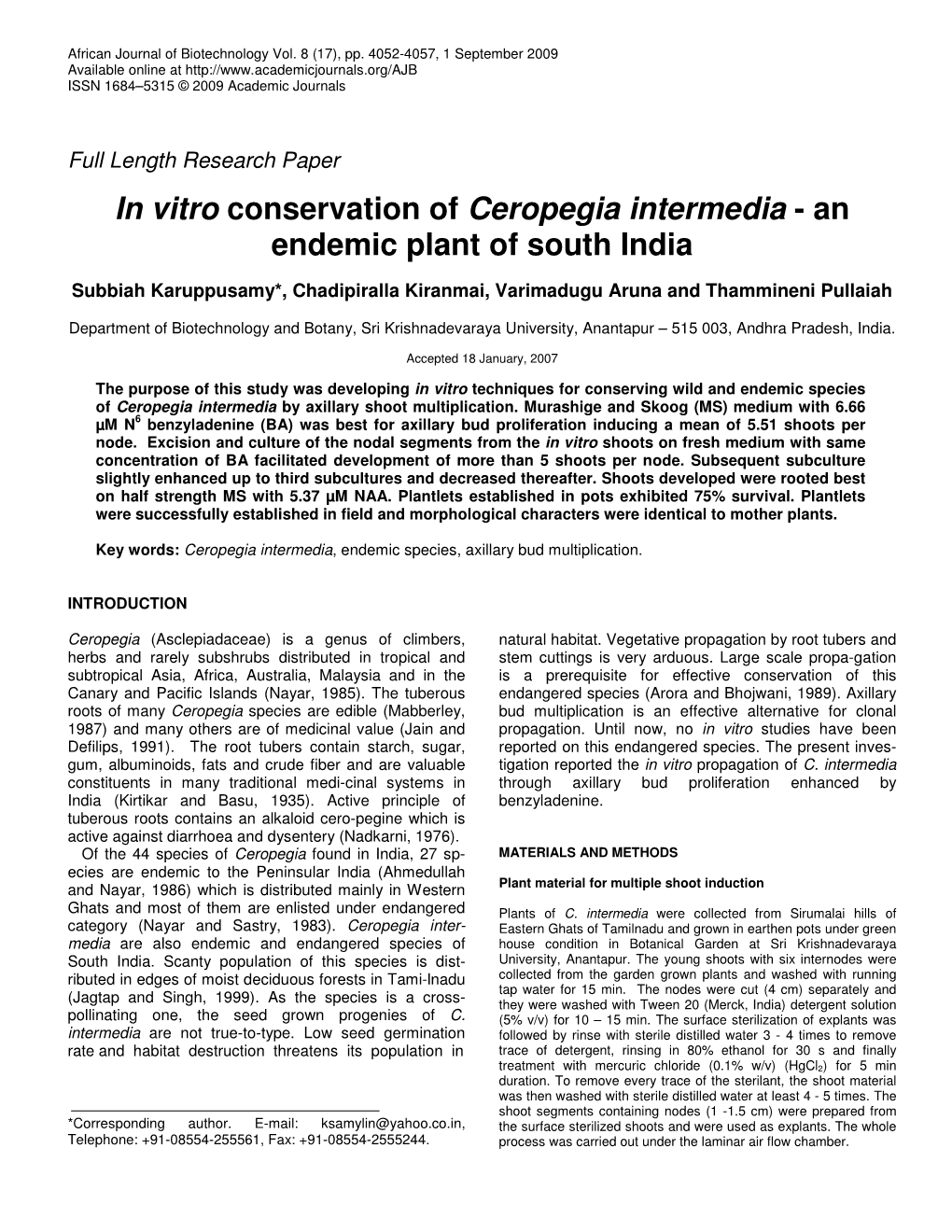 In Vitro Conservation of Ceropegia Intermedia - an Endemic Plant of South India