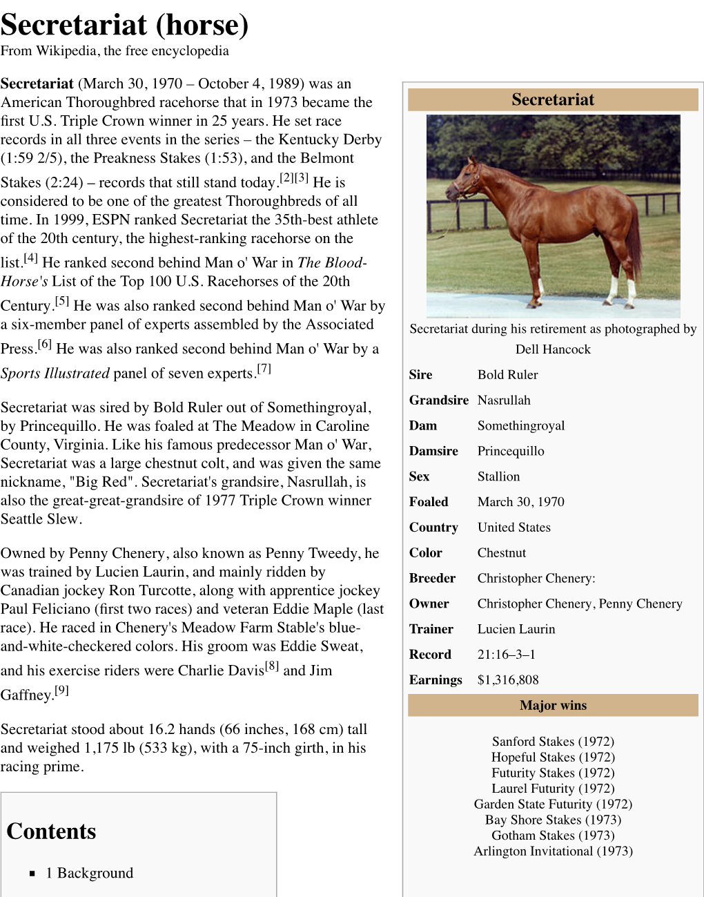 Secretariat (Horse) from Wikipedia, the Free Encyclopedia